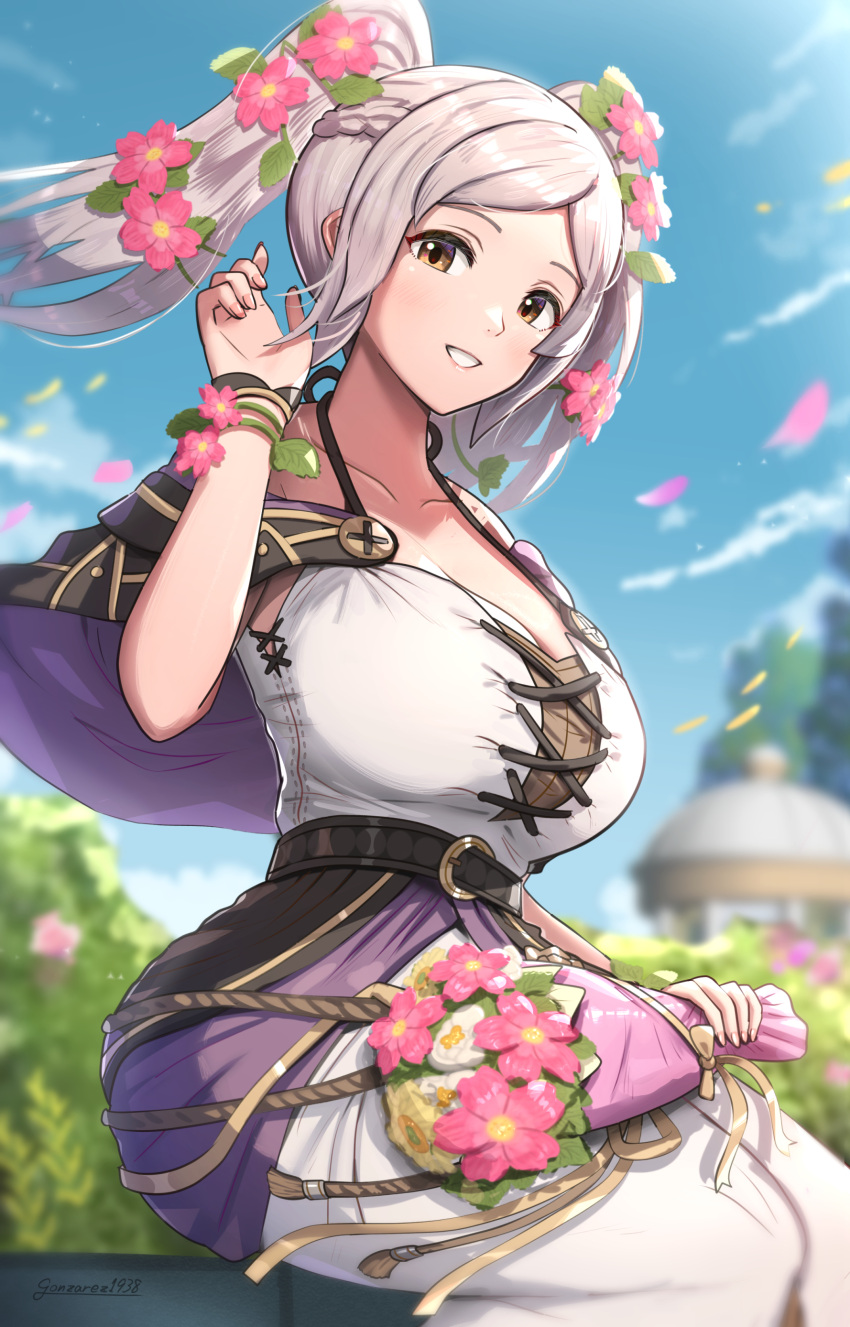 1girl absurd_res verführerisch big_breasts brown_eyes dress fire_emblem fire_emblem_awakening Flowers_on_head gonzarez high_res robin_(fire_emblem) robin_(fire_emblem)_(weiblich) silver_hair twin_pigtails