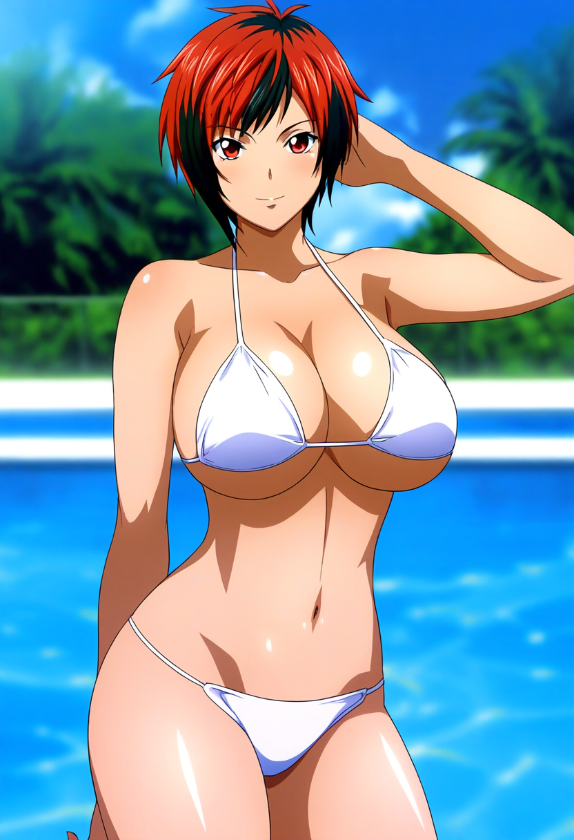 1girl precision_art_style verführerisch nackte_beine große_brüste bikini black_and_red_hair spaltung dead_or_alive dead_or_alive_6 dead_or_alive_xtreme dead_or_alive_xtreme_2 dead_or_alive_xtreme_3 dead_or_alive_xtreme_3_fortune dead_or_alive_xtreme_beach_volleyball. dead_or_alive_xtreme _venus_vacation doasuki red_eyes short_hair swimming_pool tecmo under_boob