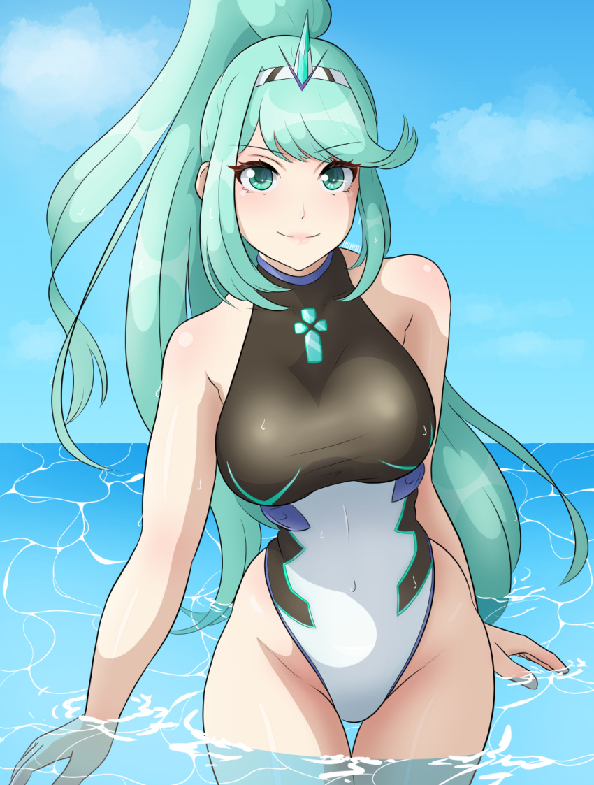 1Mädchen verführerisch große_Brüste Bikini grüne_Augen grüne_Haare hochauflösendes langes_Haar Nabel einteiliger_Bikini teilweise_untergetaucht pneuma_(xenoblade) Pferdeschwanz haut_eng Lächeln Badeanzug Oberschenkel Wasser xenoblade_(series) xenoblade_chronicles_2 yaizaberry