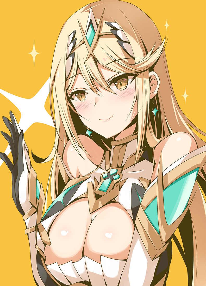 1mädchen verführerisch große_brüste blonde_haare spaltung ohrringe inoue_takuya inoue_takuya_(pixiv_99697) inoue_takuya_(tactactak) schmuck mythra nintendo tactactak xenoblade_(serie) xenoblade_chronicles_2 gelbe_augen