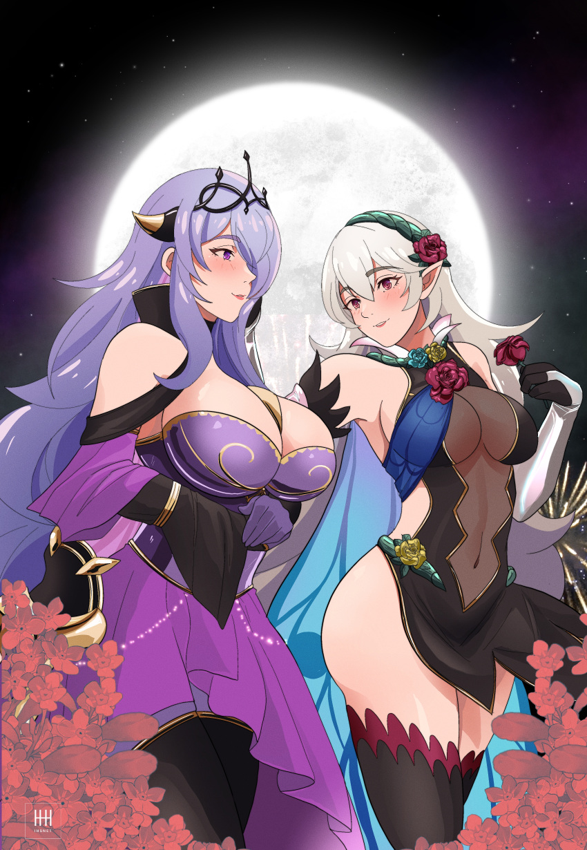 2_girls absurd_res big_breasts blush camilla_(alluring_darkness)_(fire_emblem) camilla_(fire_emblem) spaltung corrin_(fire_emblem) corrin_(fire_emblem)_(female) corrin_(resplendent)_(fire_emblem)_(female) coverd_navel dress fire_emblem fire_emblem_fates fire_emblem_heroes blume graues Haar, Haarblume, Haarornament Haarband high_res ihsnet long_hair looking_at_another Moon multiple_girls nintendoofficial_alternate_costume pointy_ears purple_hair Schärpe durchsichtig durchsichtige_Dekolleté Strümpfe Tiara very_long_hair Yuri