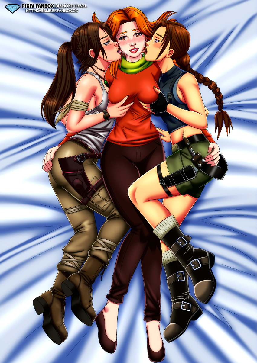 2024 3_girls bbmbbf blush breast_grab breasts brown_hair commission commissioner_upload emily_(overwatch) harem lara_croft lara_croft_(classic) lara_croft_(survivor) multiple_girls overwatch palcomix tomb_raider tomb_raider_(survivor) tomb_raider_classic yuri yuri_harem