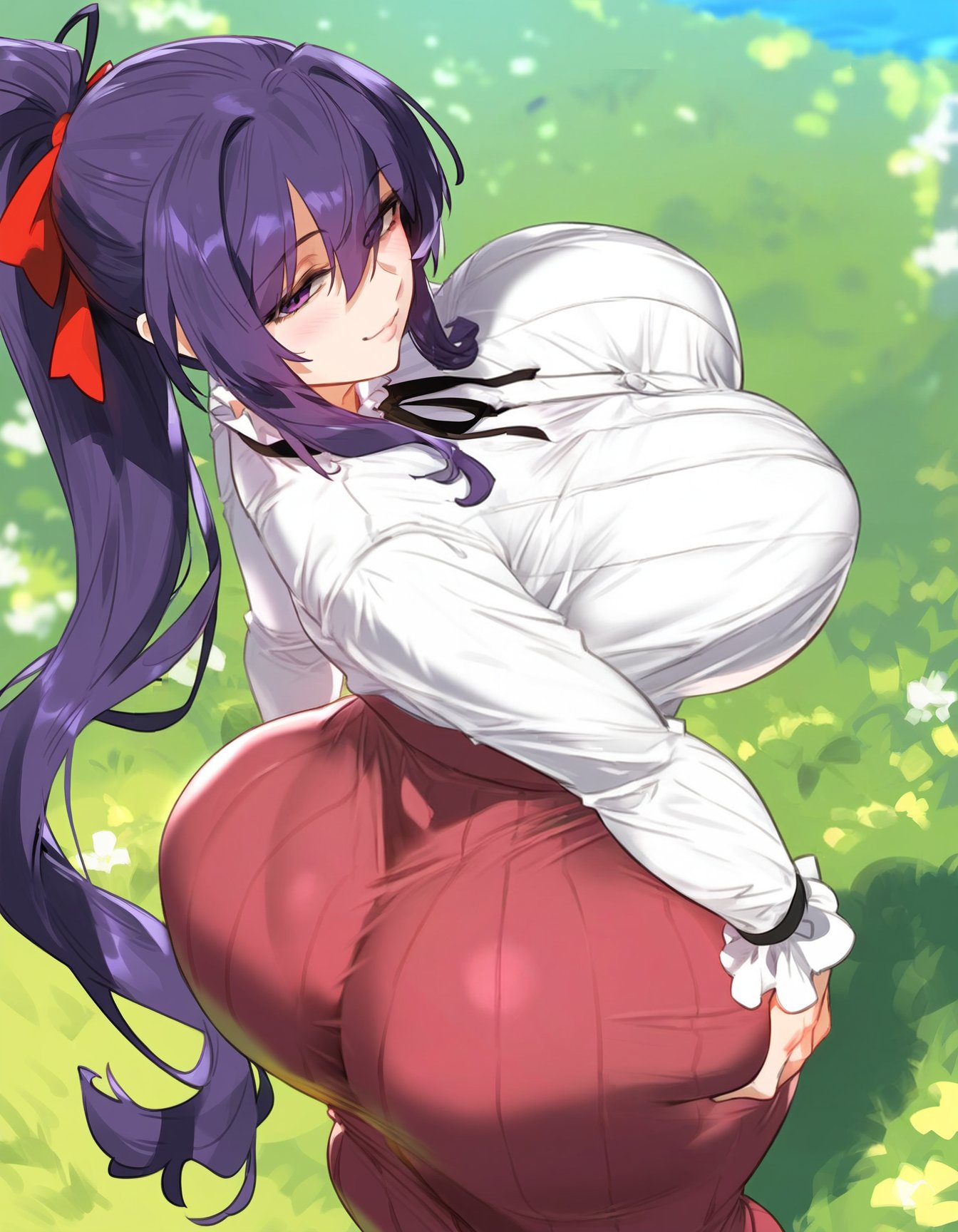 1girl 1girl 1girl ai_generated akeno_himejima ass big_breasts breasts female_only high_school_dxd big_ass looking_at_viewer looking_back lucyla purple_eyes purple_hair