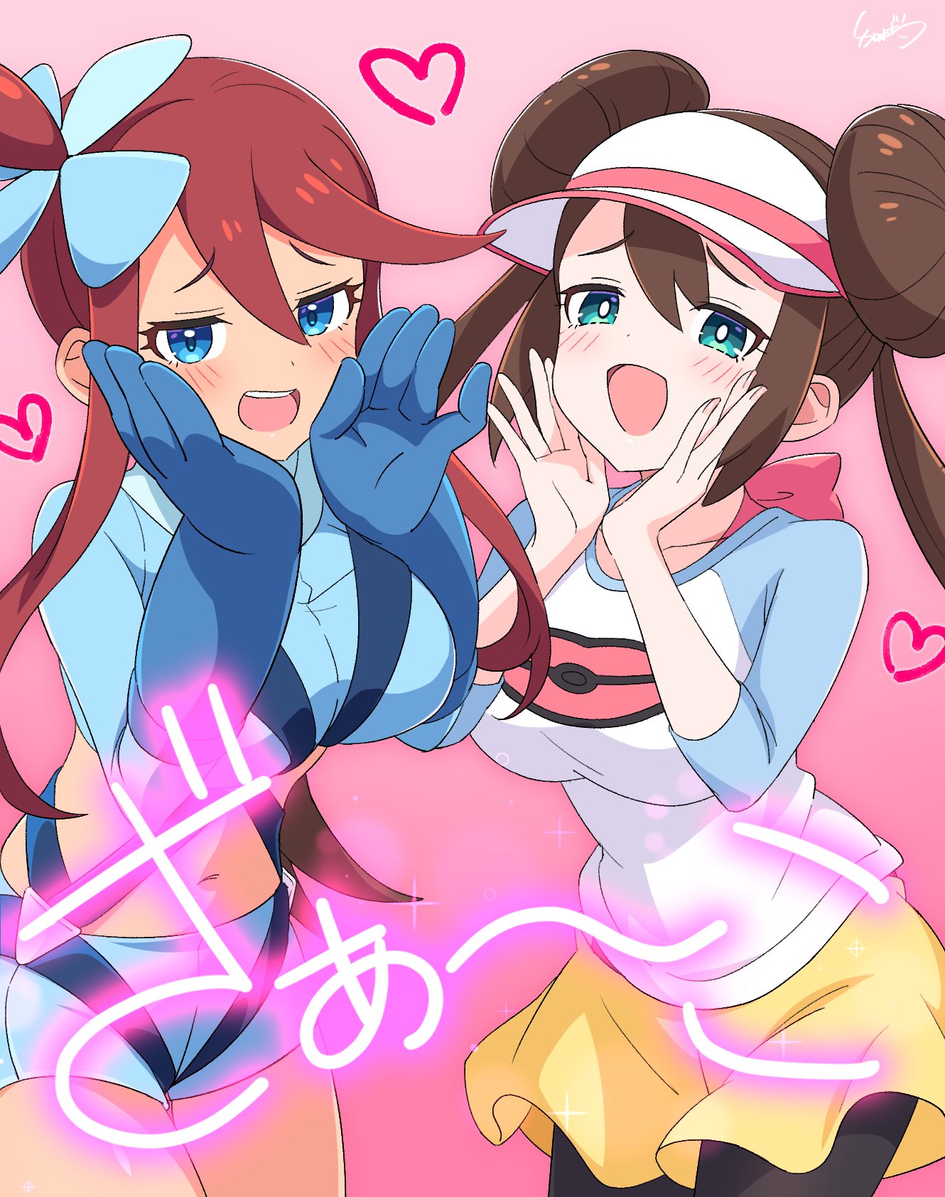 2_girls :d aqua_eyes big_breasts blue_eyes blue_gloves erröten brüste brown_hair commentary_request kreaturen_(company) double_bun game_freak handschuhe gradient_background hair_bun herz high_res kamuraaa_615 long_hair multiple_girls navel nintendo open_mouth pink_background pokemon pokemon_bw2 red_hair rosa_(pokemon) shorts _(Pokemon) Lächeln Zähne Twin_tails Upper_teeth_only visor_cap Yellow_shorts