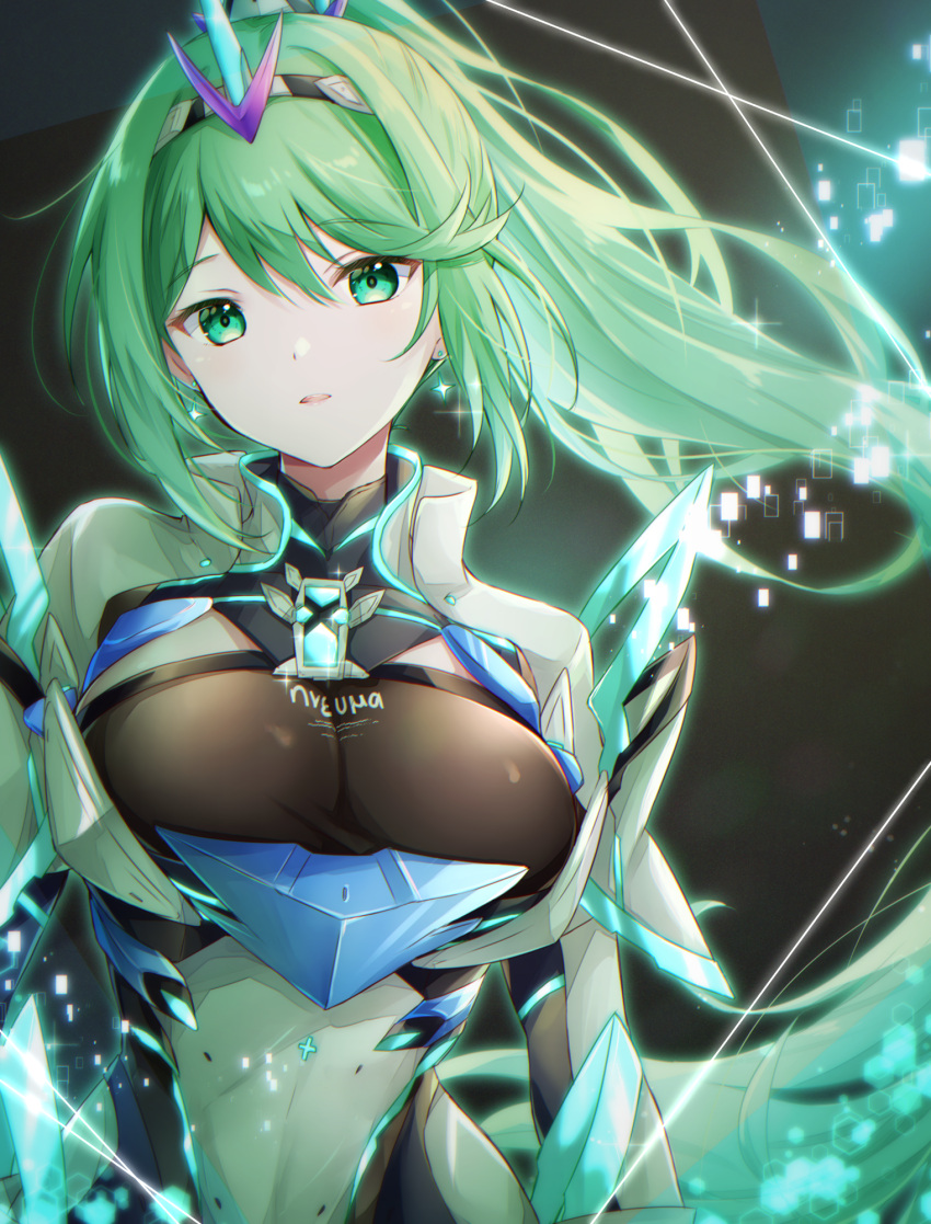 1girl 1girl verführerische Rüstung big_breasts chest_jewel Dekolleté core_crystal_(xenoblade) dangle_earrings drop_earrings Ohrringe gem greek_text green_eyes green_hair hair_ornament headpiece high_res schmuck long_hair looking_at_viewer neon_trim nintendo pneuma_(xenoblade) ponytail swept_bangs tiara ui_frara very_long_hair oblade_(serie) xenoblade_chronicles_2