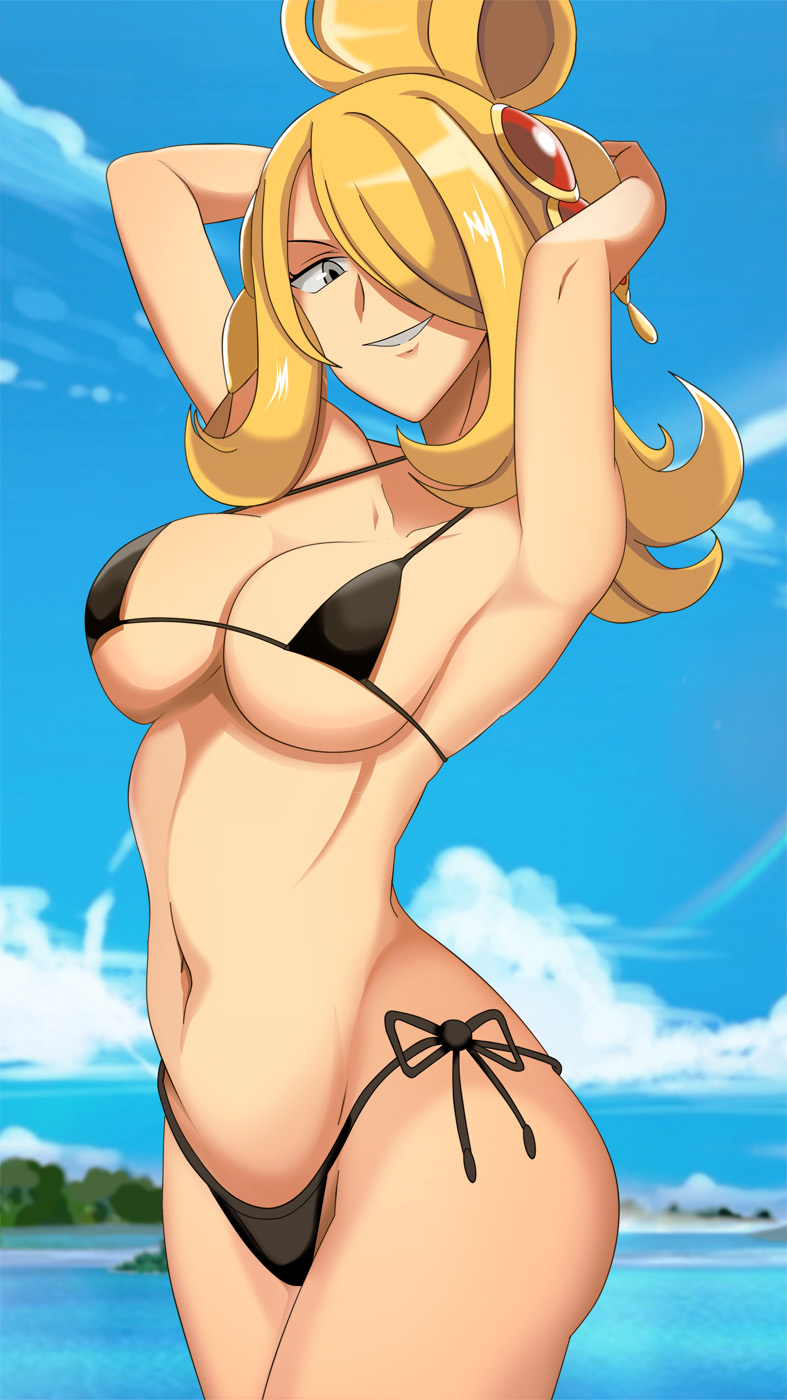 1girl 1girl verführerisch alternative_breast_size arms_behind_head große_brüste große_brüste große_brüste bikini black_bikini blonde_hair spaltung cynthia cynthia_(pokemon) weiblich_nur grinsen haar_ornament hüften menschlich long_hair bauchnabel nintendo pokemon pokemon_dppt seitenbinden_bikini lächeln vivivoovoo