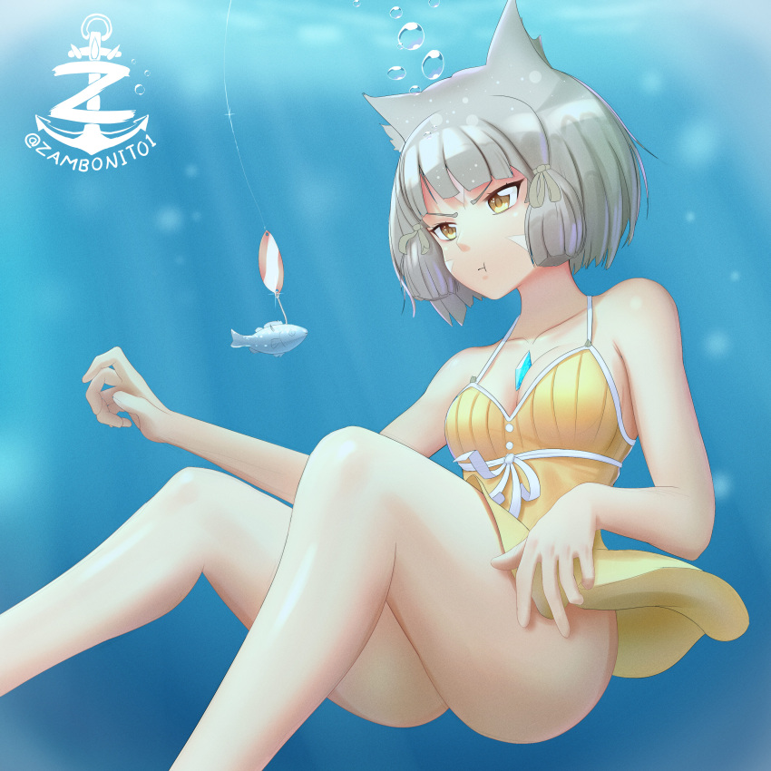 1girl absurd_res verführerisch animal_ears ass blunt_bangs cat_ears chest_jewel spaltung core_crystal_(xenoblade) facial_mark Fishing_hook grey_hair high_resholding_breath nia nia_(xenoblade) nintendo puffy_cheeks short_hair small_breasts Badeanzug unter Wasser xenoblade_(Serie) xenoblade_chronicles_2 gelbe_augen zambonito