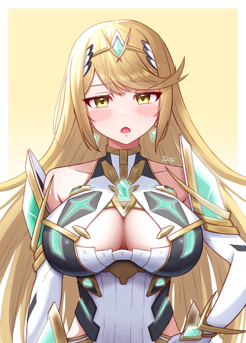 1girl absurd_res verführerisches Babyface große_Brüste blonde_Haarspaltung hochauflösend mythra_(xenoblade) nintendo taro_(peach_taro51) tsundere xenoblade_(series) xenoblade_chronicles_2 gelbe_augen