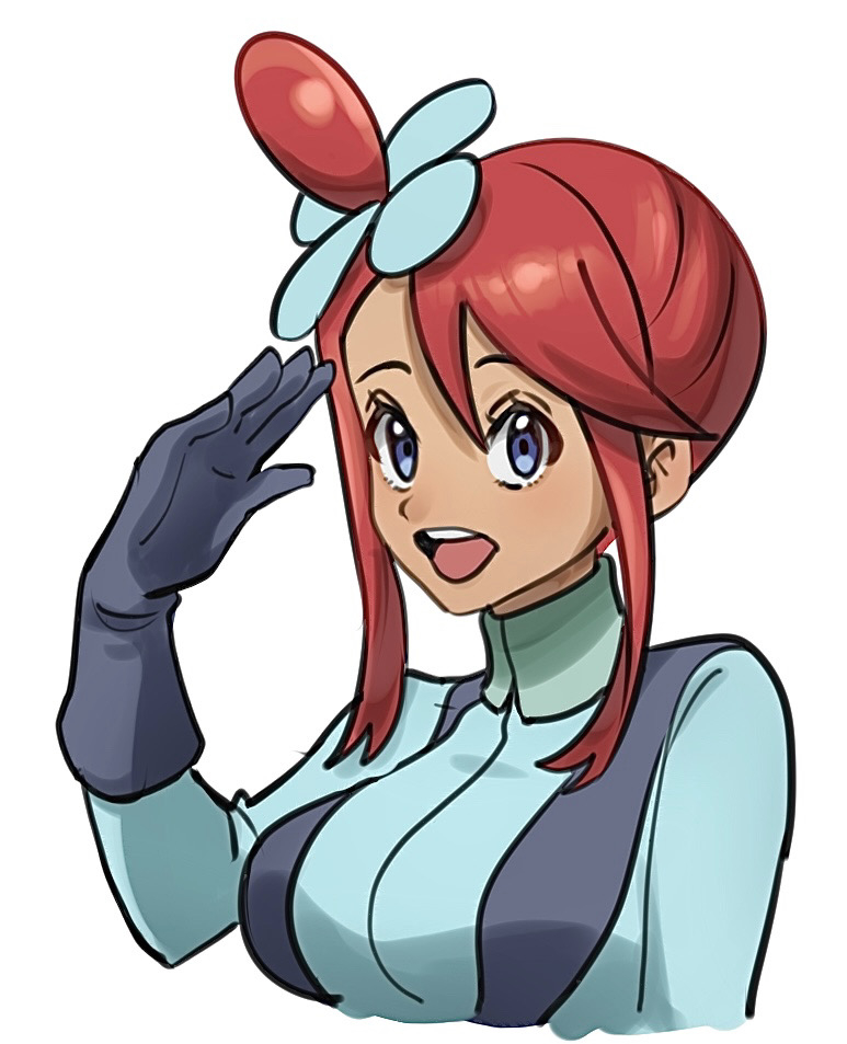 1girl :d aqua_jacket blue_eyes commentary_request Creatures_(company) echizen_(n_fns17) game_freak Gloves Hair_between_eyes Hair_ornament Hand_up Jacket Nintendo One_side_up open_mouth Pokemon Pokemon_bw Red_hair Sidelocks simple_background Skyla_(Pokemon) Smile Teeth Zunge Upper_teeth_only White_background