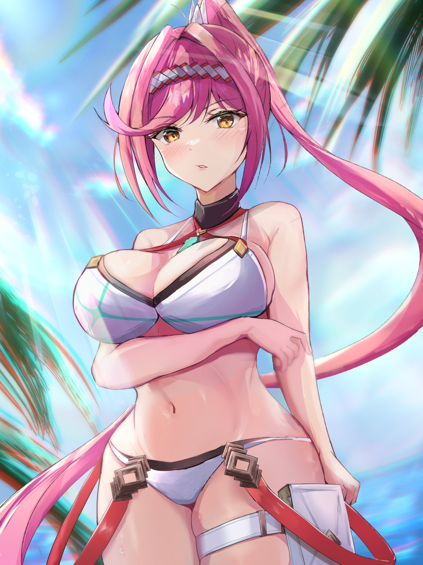 1Mädchen verführerisch Strand große_Brüste Bikini Wolken Kern_Kristallschimmer_(Xenoblade) Haarband Karuushi Blick auf den Betrachter Bauchnabel Nintendo Ozean draußen rosa_Haare Pferdeschwanz Himmel Badeanzug Oberschenkel_Beutel Oberschenkel_Riemen Wasser weißer_Bikini weißer_Badeanzug Xenoblade_(Serie) xenoblade_chronicles_3 gelbe_Augen