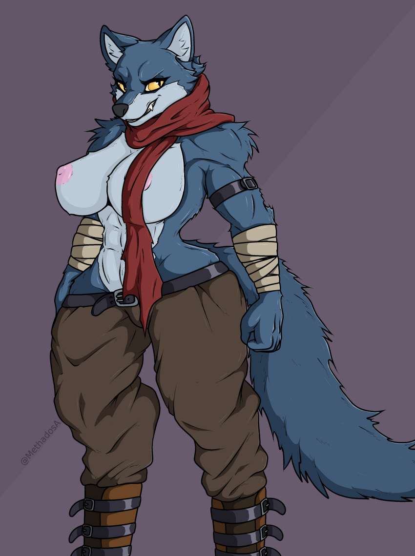 1girl 1girl abs absurd_res anthro bandage bandaged_arm gürtel bergamo big_breasts blue_body blue_fur Stiefel Bottomwear Brüste Canid Canine Canis Kleidung Crossgender Dragon_ball Dragon_ball_super Female_bergamo Schuhe Fell high_res inner_ear_flaum Säugetier methados muskulös muskulös_anthro muskulös_weiblich Brustwarzen Hosen Schal einfacher_Hintergrund Lächeln stehen Büschel Wolf gelbe_Augen