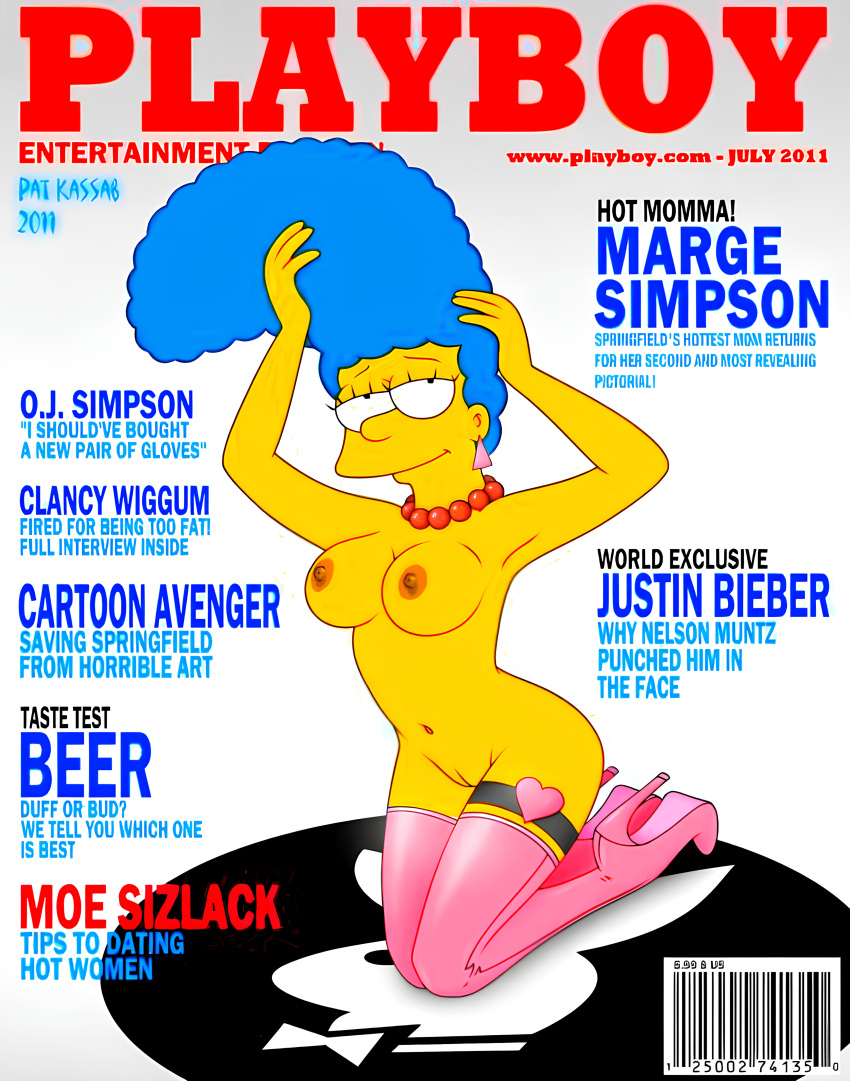 1girl barcode blue_hair Brüste Ohrringe female_focus Heels magazine_cover marge_simpson MILF Nabel Nippel naked_female Pearl_necklace pink_legwear Playboy Playboy_Logo Pussy the_simpsons Yellow_skin