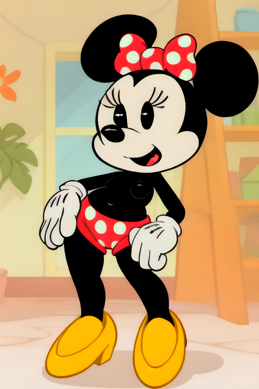 1girl ai_generated anthropomorphic black_eyes black_fur_bow_in_hair Dark-skinned_female Disney Wimpern weibliche_Focus pelzig furry_female Handschuhe Grinsen High Heels Blick auf den Betrachter minnie_mouse Maus Maus_Ohren Maus_Mädchen Maus_humanoide Brustwarzen no_nipples polka_dot polka_dot_bow polka_dot_panties Band small_breasts lächelnd_at_viewer topless_fe männlich, weiße Handschuhe, gelbe Absätze