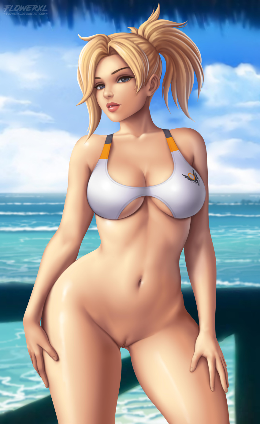 1girl absurd_res big_breasts blonde_hair bodenloser BH Brüste Dekolleté Female_focus Female_only FlowerXL Hands_on_own_Thighs High_Res Long_hair Mature_Female Mercy_(Overwatch) No_Underwear_(Female) Ocean One-Piece_Swimsuit Overwatch Pussy Solo_Female Solo_Focus Badeanzug Unterwäsche Video_Game_Character