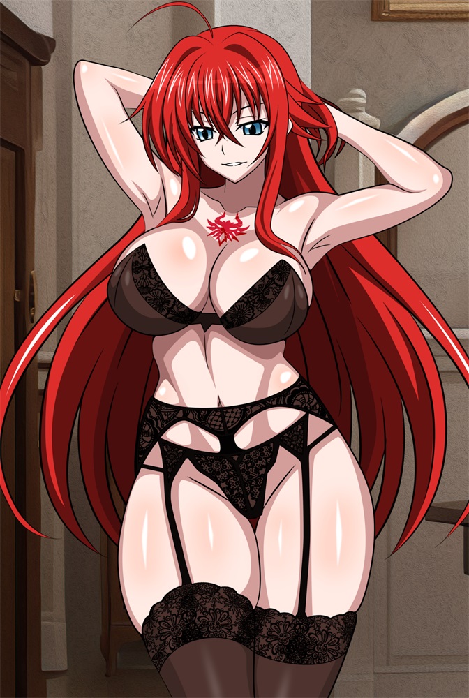 1girl verführerisch big_breasts blue_eyes BH-Dekolleté high_school_dxd Dessous Höschen Pin_up red_hair rias_gremory Strümpfe Unterwäsche yxyyxy