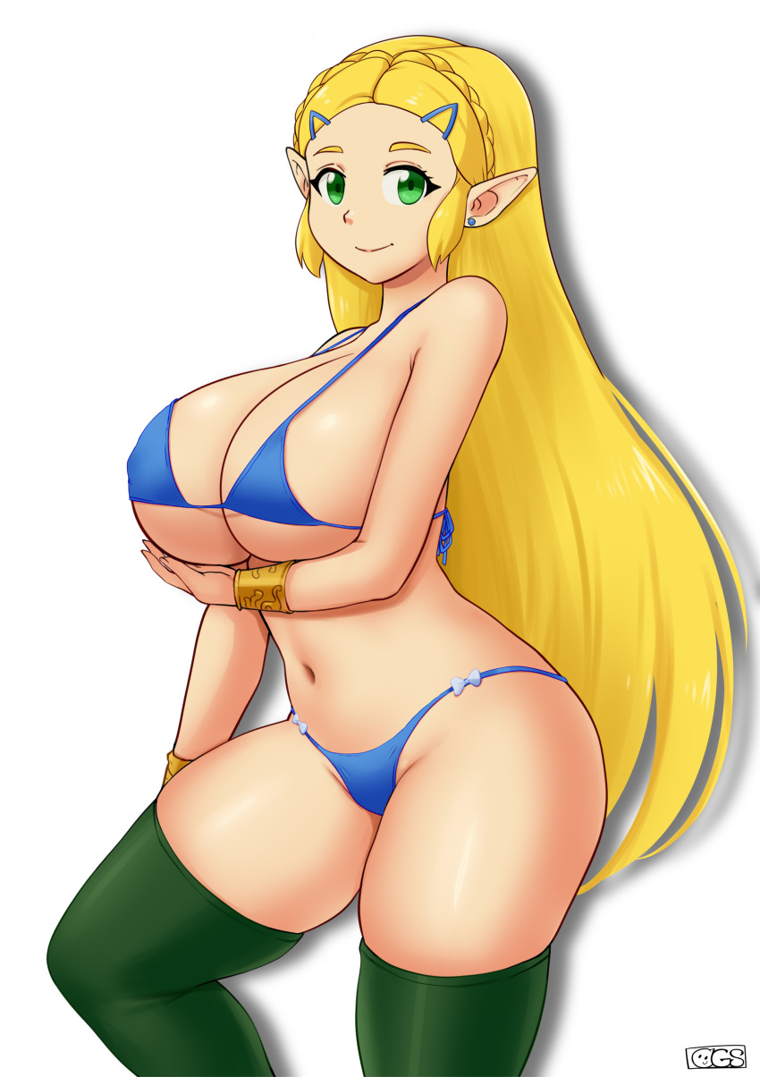 1Mädchen verführerisch große_Brüste Bikini blonde_Haare Dekolleté grüne_Augen Gummischleim Nintendo Prinzessin_Zelda Strümpfe the_legend_of_zelda the_legend_of_zelda:_tears_of_the_kingdom under_boob