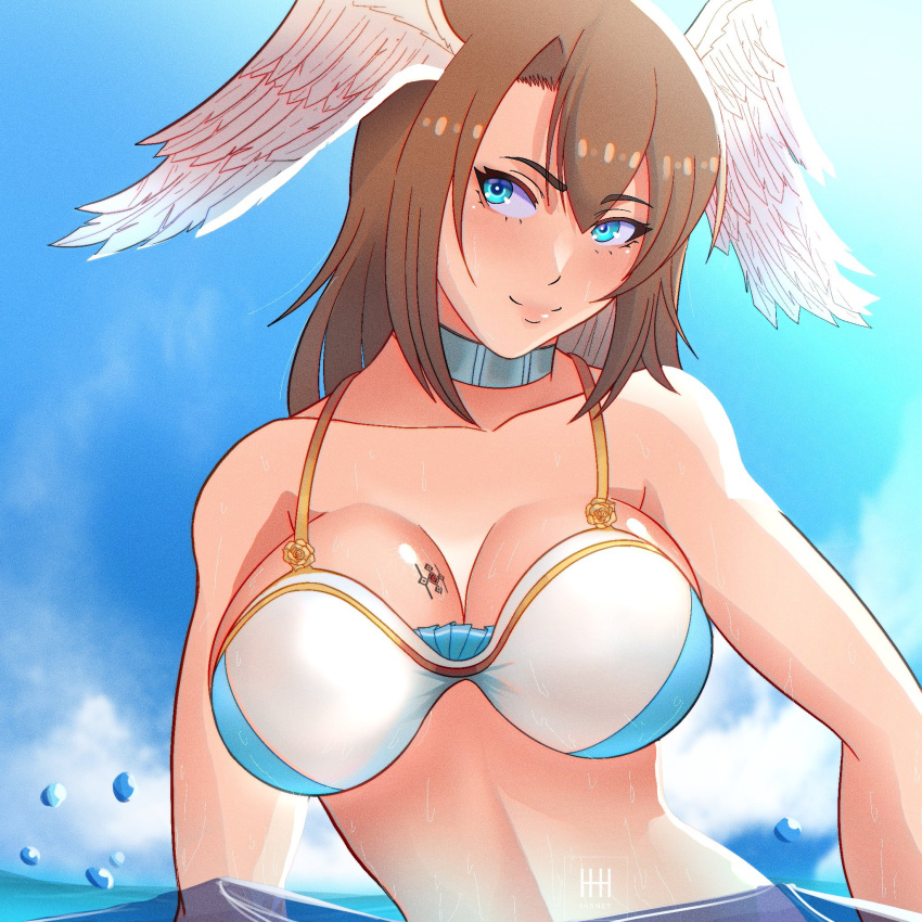 1Mädchen verführerisch große_Brüste Bikini blaue Augen Brusttätowierung braunes Haar Halsband Dekolleté Eunie_(Xenoblade) Kopf_Flügel hochauflösend ihsnet lange_Haare offizielles_Alternate_Kostüm Lächeln Badeanzug Tätowierung Flügel xenoblade_(Serie) xenoblade_chronicles_3
