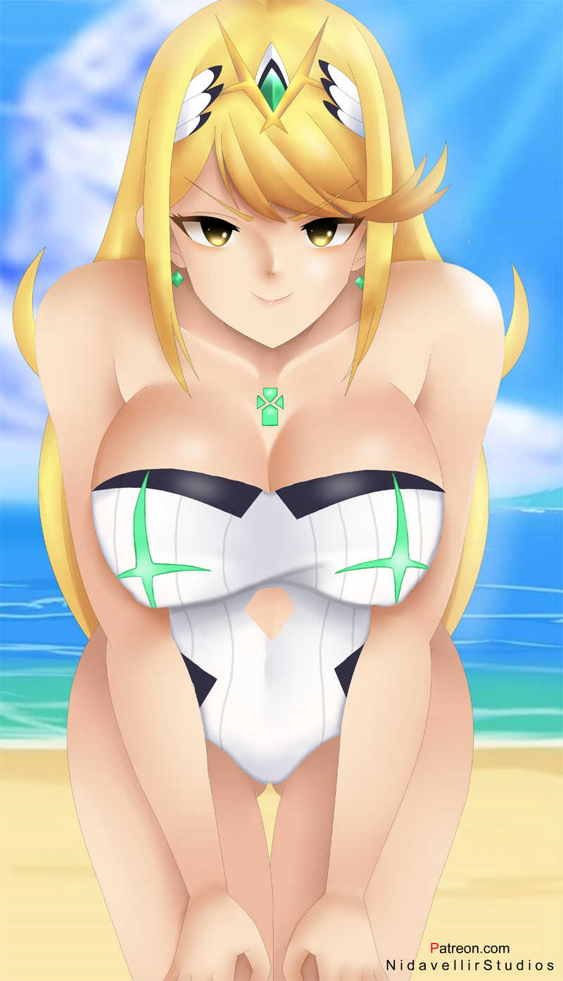 1Mädchen verführerisch nackte Beine Strand große Brüste Bikini blonde Haare blauer Himmel Dekolleté Mythra Nidavellirstudios Nintendo Ozean einteiliger Bikini verführerische Frau Xenoblade_(Serie) Xenoblade_Chronicles_2 gelbe_Augen