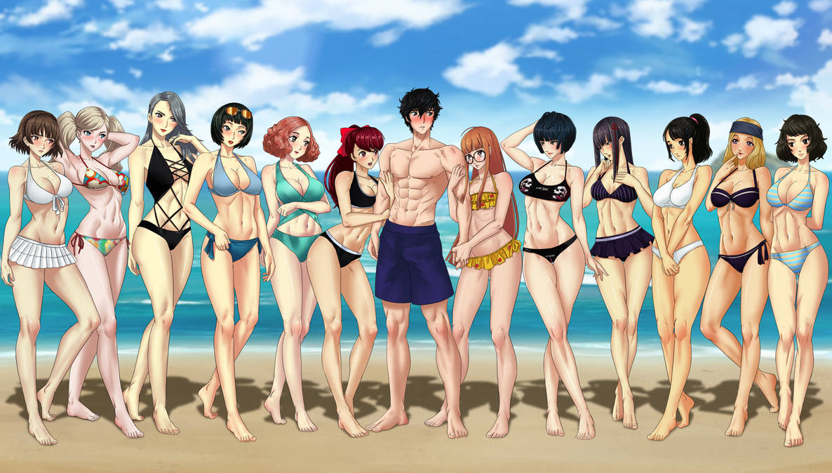 12girls 1boy Abs verführerisch verführerische Amenoosa Ann_takamaki Arms_around_Partner Athletic_female Athletic_Male Atlus Beach_Background Big_Breasts Bikini Blush Chihaya_Mifune weiblich_abs fit_female fit_male hareme harema. _niijima persona sadayo_kawakami sae_niijima sakura_futaba shiho_suzui tae_takemi