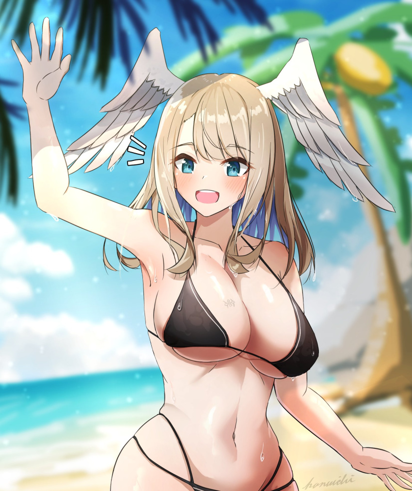 1girl 1girl verführerisch Strand große_Brüste Bikini blaue_Augen blaue_Schüler erröten Brusttätowierung Eunie_(Xenoblade) Kopf_Flügel hochauflösend kanuici336 lange_Haare Badeanzug Tätowierung Flügel xenoblade_(Serie) xenoblade_chronicles_3