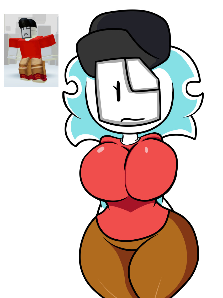 big_breasts brown_pants mask oc only_female red_shirt reference_image roblox roblox_avatar dicke Oberschenkel white_skin