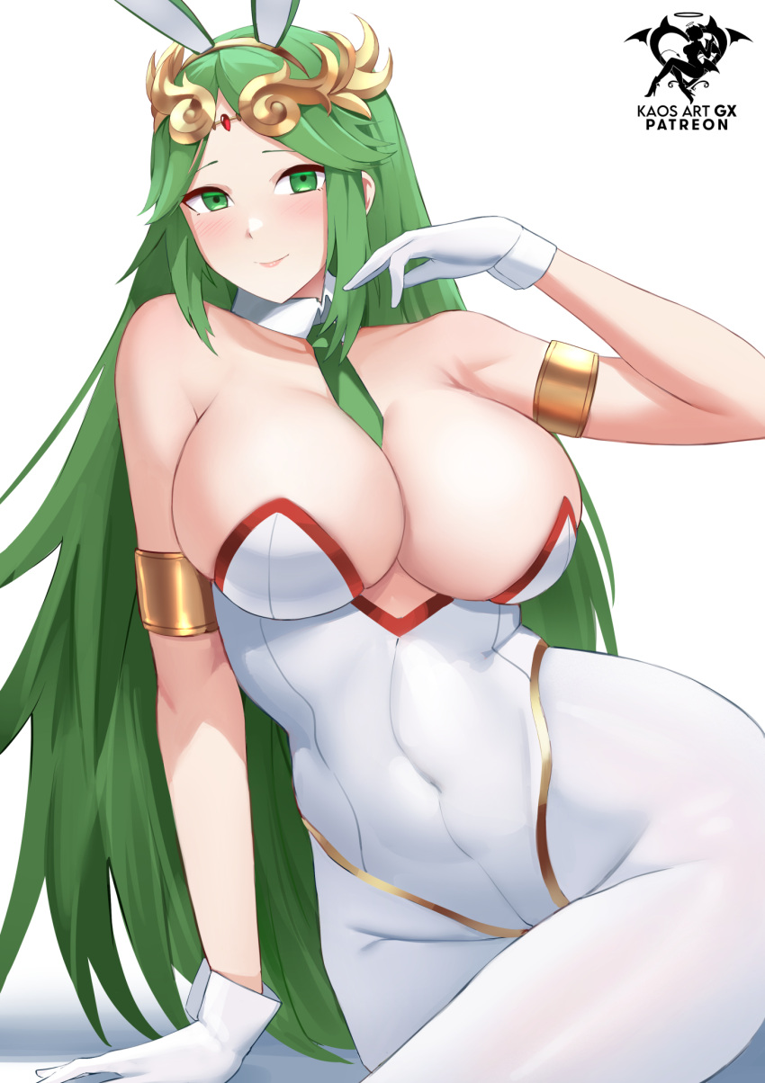 1girl big_breasts spaltung weiblich female_only green_eyes green_hair kaos_art kid_icarus long_hair looking_at_viewer nintendo palutena playboy_bunny_leotard solo