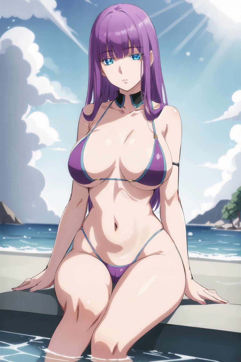 1girl ai_generated aqua_eyes strand big_breasts bikini brüste high_res nabel purple_bikini purple_hair shuumatsu_no_harem sitzend bauch sonne suou_mira badeanzug