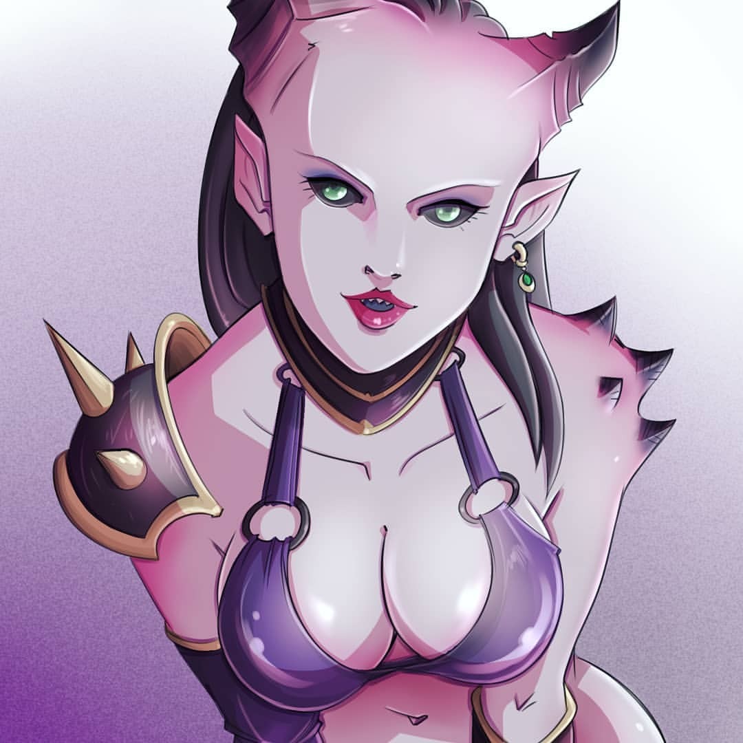 big_breasts black_sclera daemonette dämon dämon_mädchen hörner looking_at_viewer purple_skin schulterpolster spikes_(anatomy) warhammer_(franchise) warhammer_40k