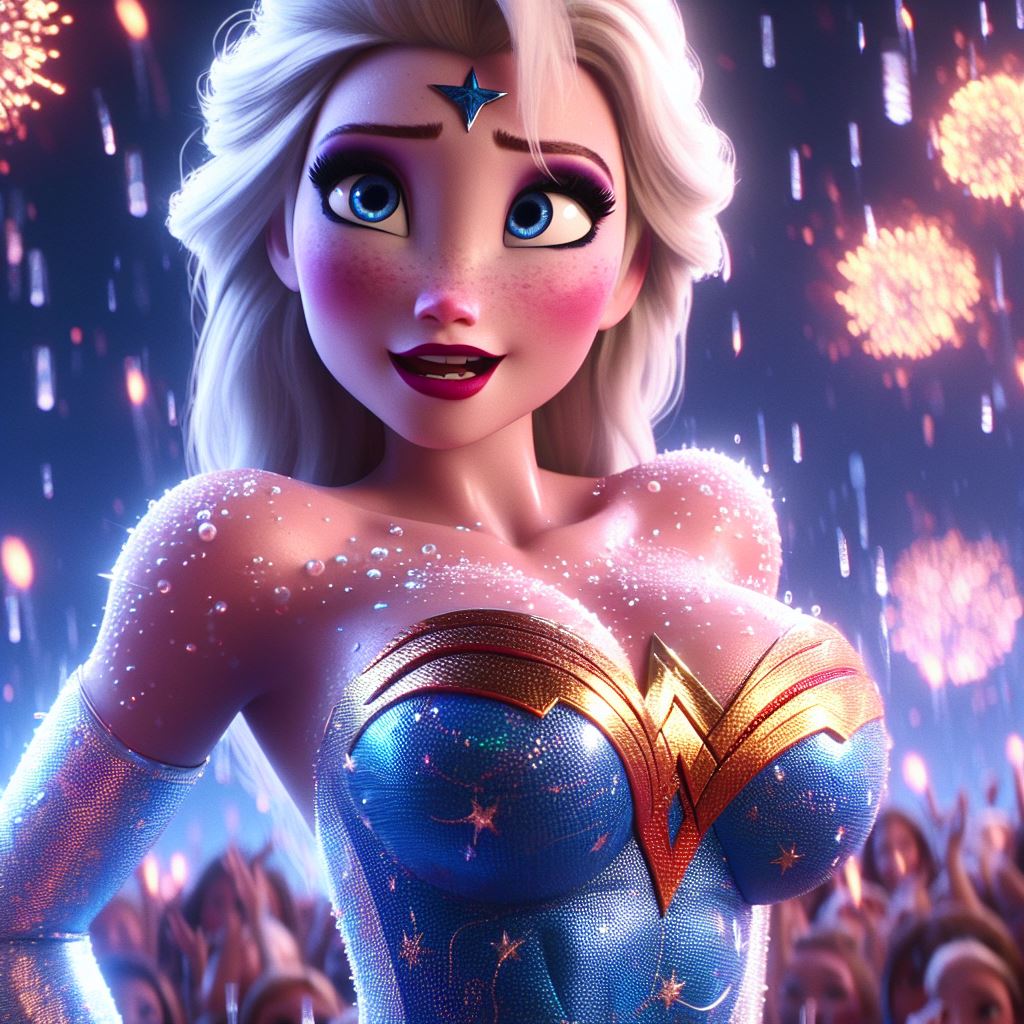 KI-generiert, große Brüste, blond, blonde Frau, blondes Haar, blaue Augen, Korsett, Disney, Elsa (Die Eiskönigin), Feuerwerk, Die Eiskönigin (Film), Schloss, langes Haar, Make-up, Ärmel, Wonder Woman, Wonder Woman (Cosplay)