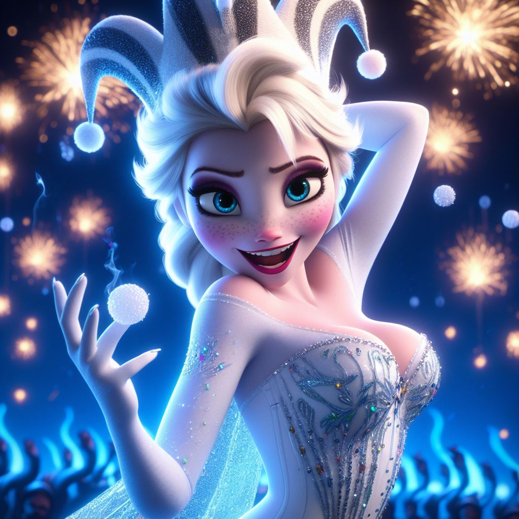 KI-generiert große Brüste blondes Haar blaue Augen Body Zopf Disney Elsa (Die Eiskönigin) Feuerwerk Die Eiskönigin (Film) Hand auf dem Kopf Harlekin Harlekin-Hut Lippenstift langes Haar den Betrachter ansehen Make-up Nacht Ärmel