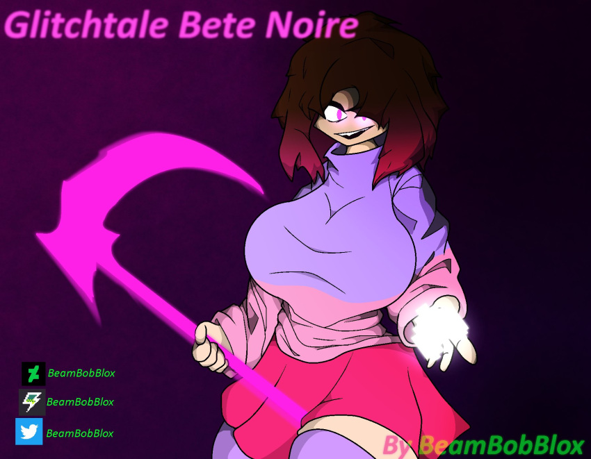 1girl 2022 Künstlername beambobblox bete_noire betty_noire große_brüste Brüste braune_haare Charaktername Copyrightname deviantart_benutzername glitchtale lange_socken den_betrachter_ansehen pinke_augen pinke_haare pinke_highlights pinkes_shirt lila_hemd lila_socken rote_haare roter_rock scythe rock twitter_benutzername undertale undertale_(serie) undertale_au