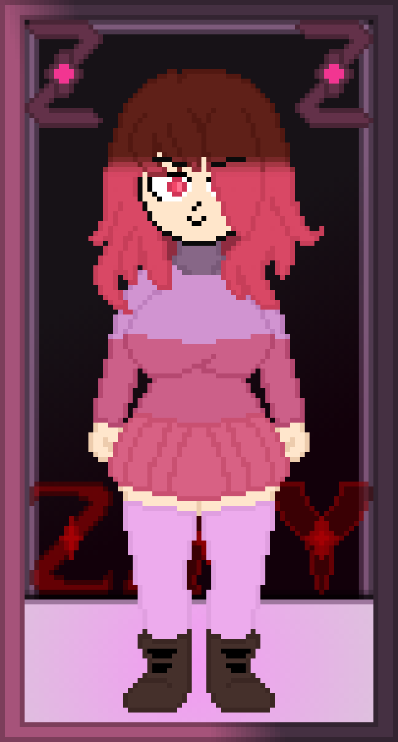 1 Mädchen alternative Version verfügbar bete_noire betty_noire große Brüste Stiefel Brüste braune Haare nur Frauen Glitchtale lange Socken rosa Hemd Pixel_(Grafik) Pixel-Kunst lila Hemd rote Augen rote Haare roter Rock Rock Undertale_au zixy_(Künstler)