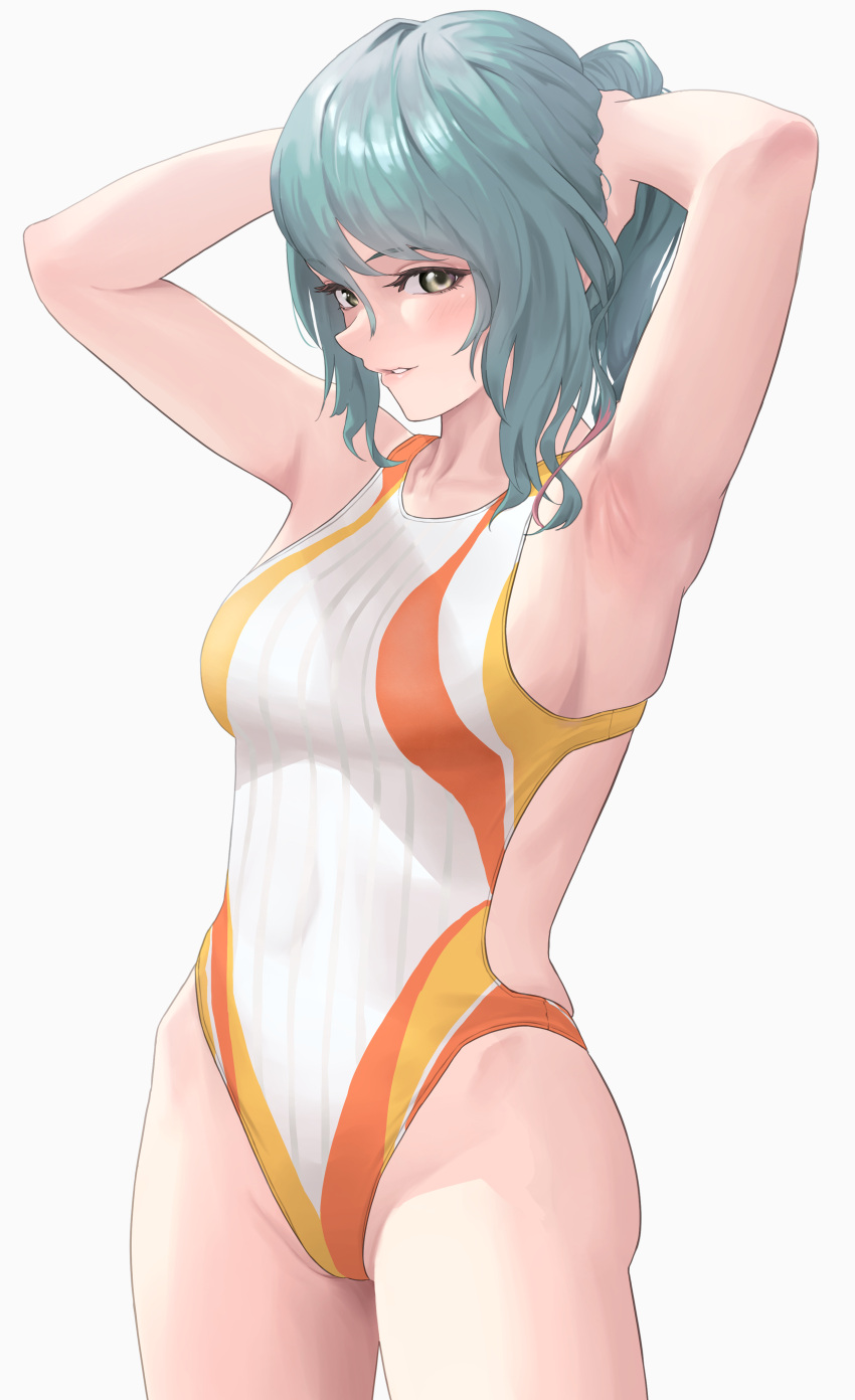 1girl absurd_res verführerisch arms_behind_head arms_up bare_arms bare_shoulders erröten Brüste Auftrag dead_or_alive dead_or_alive_6 dead_or_alive_xtreme weiblich_nur graues_Haar hochauflösend Highleg Highleg_Bikini Highleg_Badeanzug hoki1314 Lippen langes Haar Blick auf den Betrachter mittlere_Brüste einteiliger_Bikini gescheitelt_Lippen Pferdeschwanz einfacher_Hintergrund skeb_commission lächeln Badeanzug tamaki_(doa) tecmo Oberschenkel gelbe_augen
