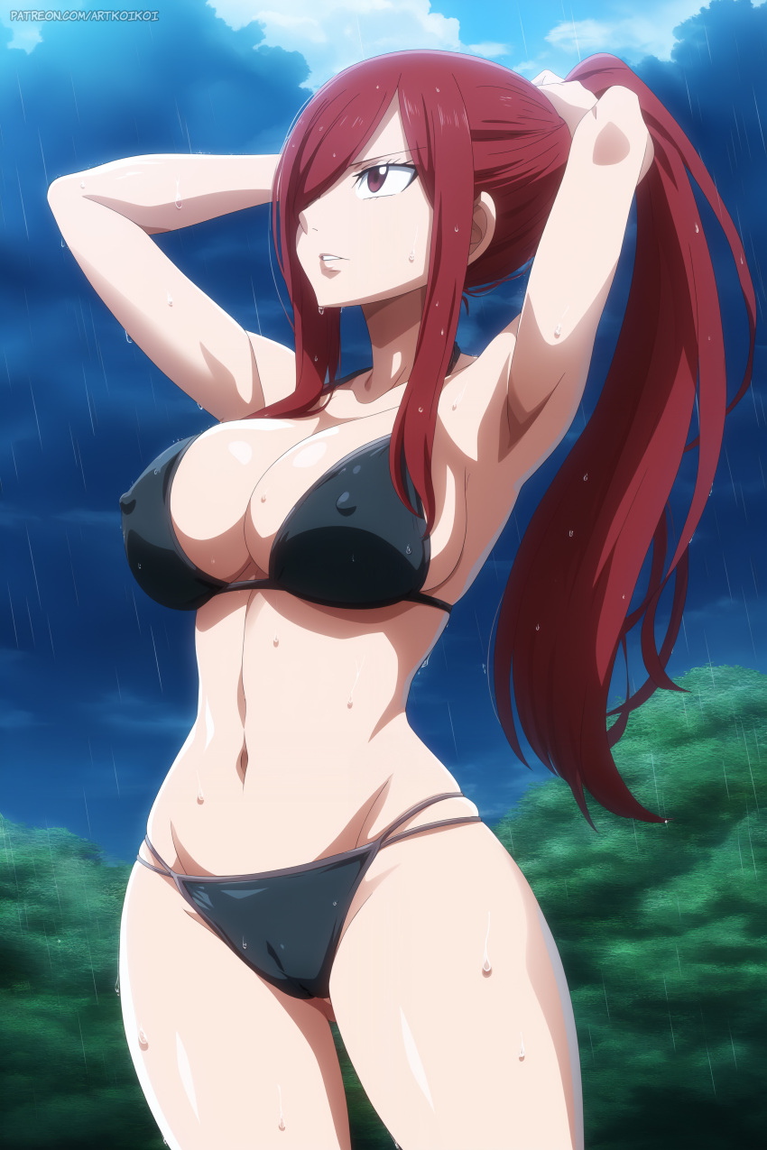 1girl ai_generated arms_up artkoikoi große_brüste bikini black_bikini black_panties brüste erza_scarlet fairy_tail weiblich_nur große_brüste langes_haar reifes_weibliches höschen pervers pervers_weiblich rotes_haar sex_einladung sexuell_suggestiv