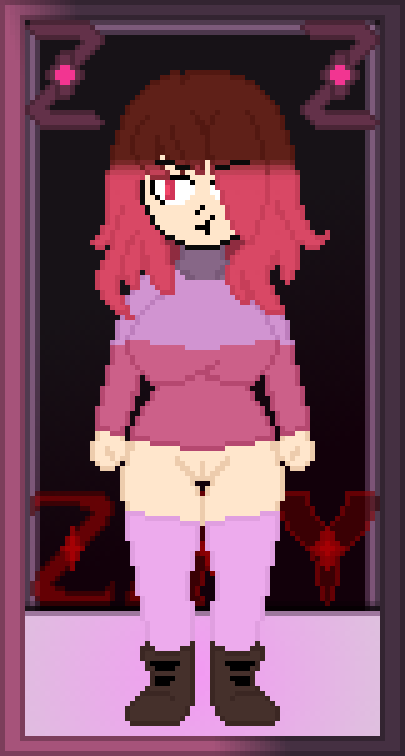 bete_noire betty_noire große_brüste stiefel brüste brüste brown_hair glitchtale long_socks pink_shirt purple_shirt red_eyes red_hair