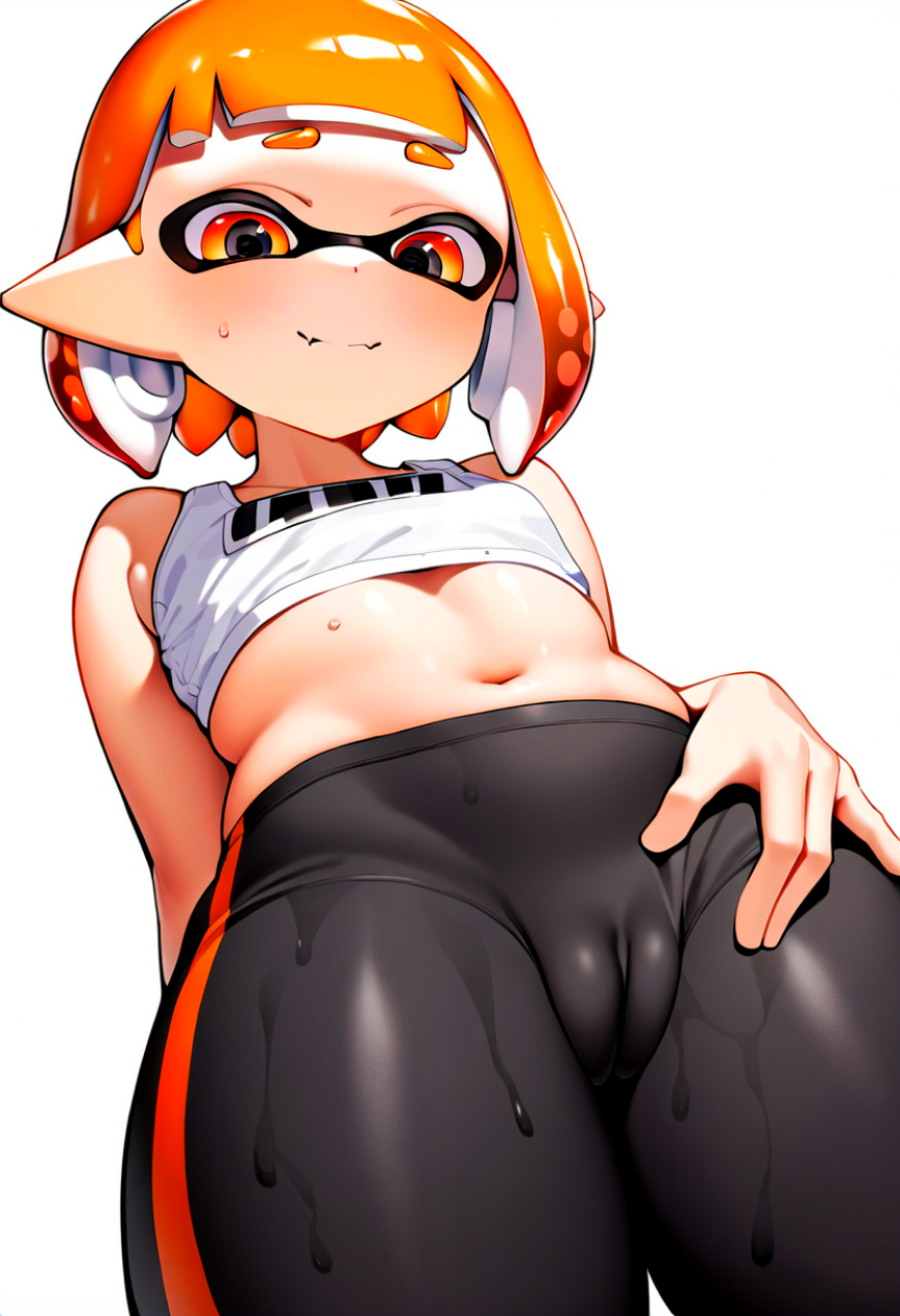 1 Mädchen, KI-generiert, Cameltoe, weiblicher Fokus, Ahnungsmädchen, Bauchnabel, Nintendo, orangefarbene Augen, orangefarbenes Haar, spitze Ohren, einfacher Hintergrund, kleine Brüste, Splatoon, Schweiß, Tentakelhaar, weißer Hintergrund, jüngere Frau