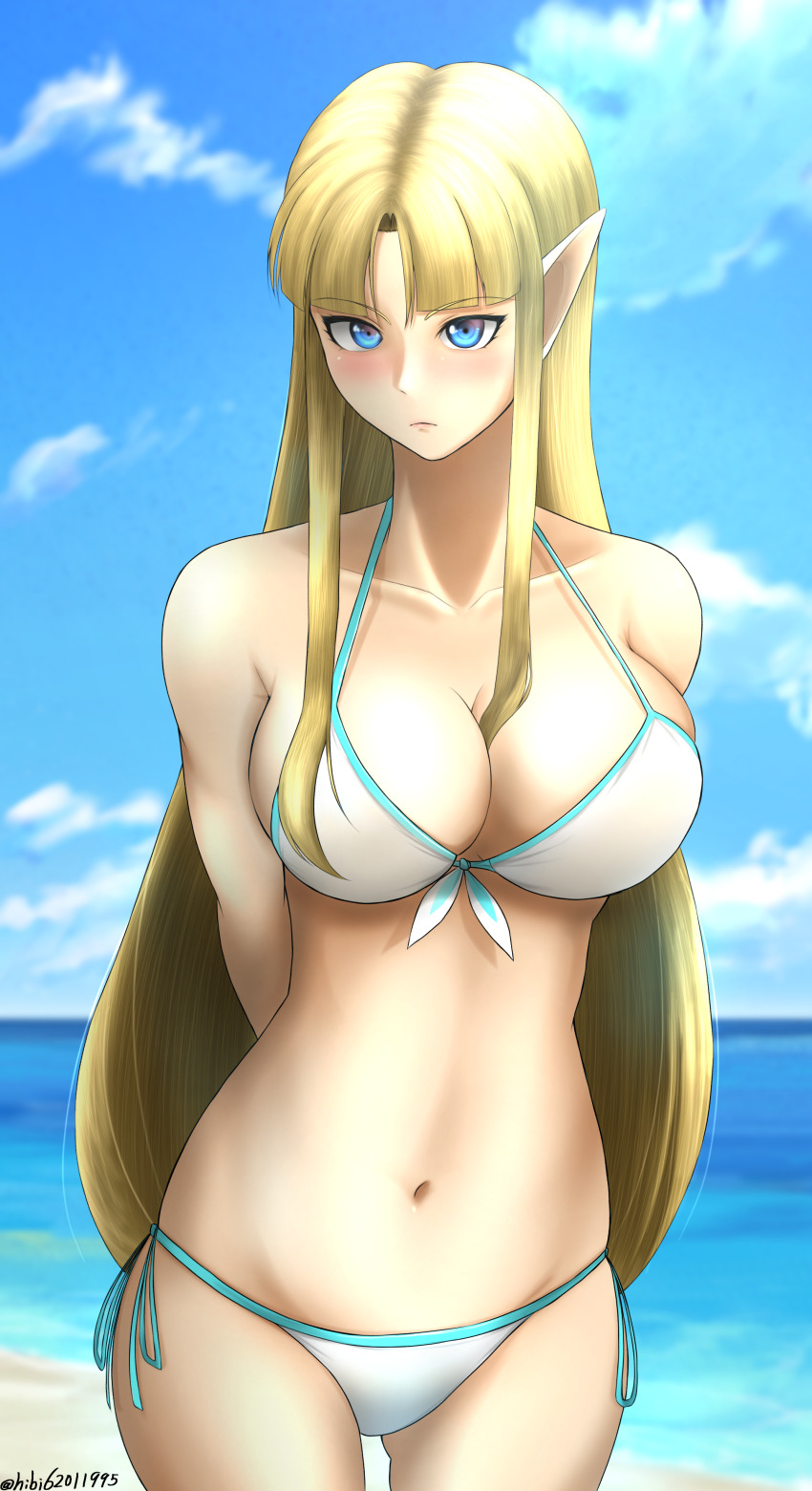 1girl 1girl abs absurd_res verführerisch arms_behind_back strand big_breasts bikini blue_eyes blue_sky erröten spaltung cloud day front-tie_top hiby high_res long_hair bauchnabel nintendo ozean pointy_ears Princess_zelda side-tie_bikini_bottom sidelocks skindentation sky badeanzug the_legend_of_zelda very_long_hair