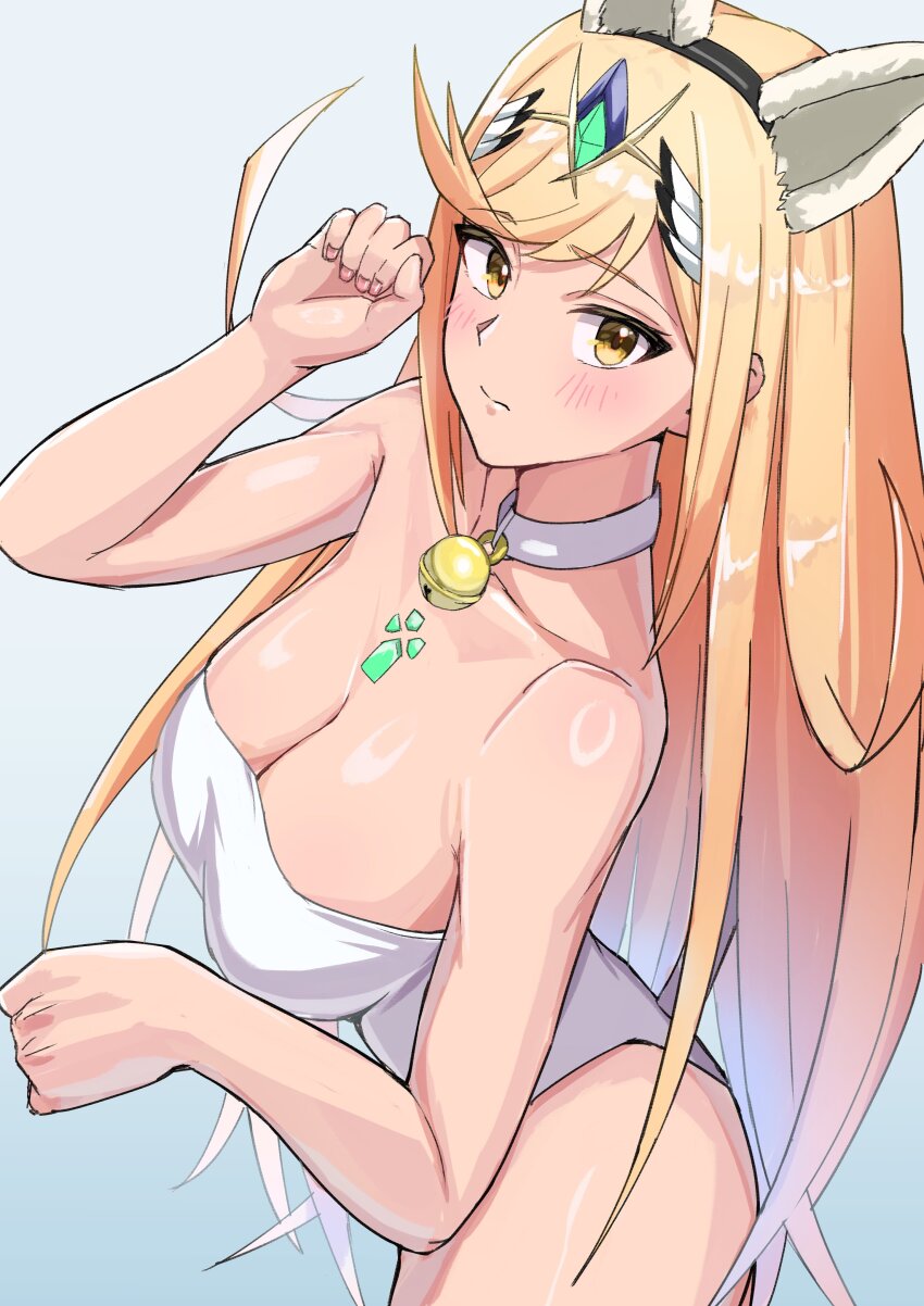 1girl 1girl absurd_res verführerisch animal_ears blonde_hair brown_eyes Dekolleté Kragen Schlüsselbein fake_animal_ears high_res Trikot long_hair Mythra Nintendo Oruru63100814 Paw_pose strapless strapless_leotard swept_bangs Zähne Tiara white_leotard xenoblade_(series) xenoblade_chronicles_2