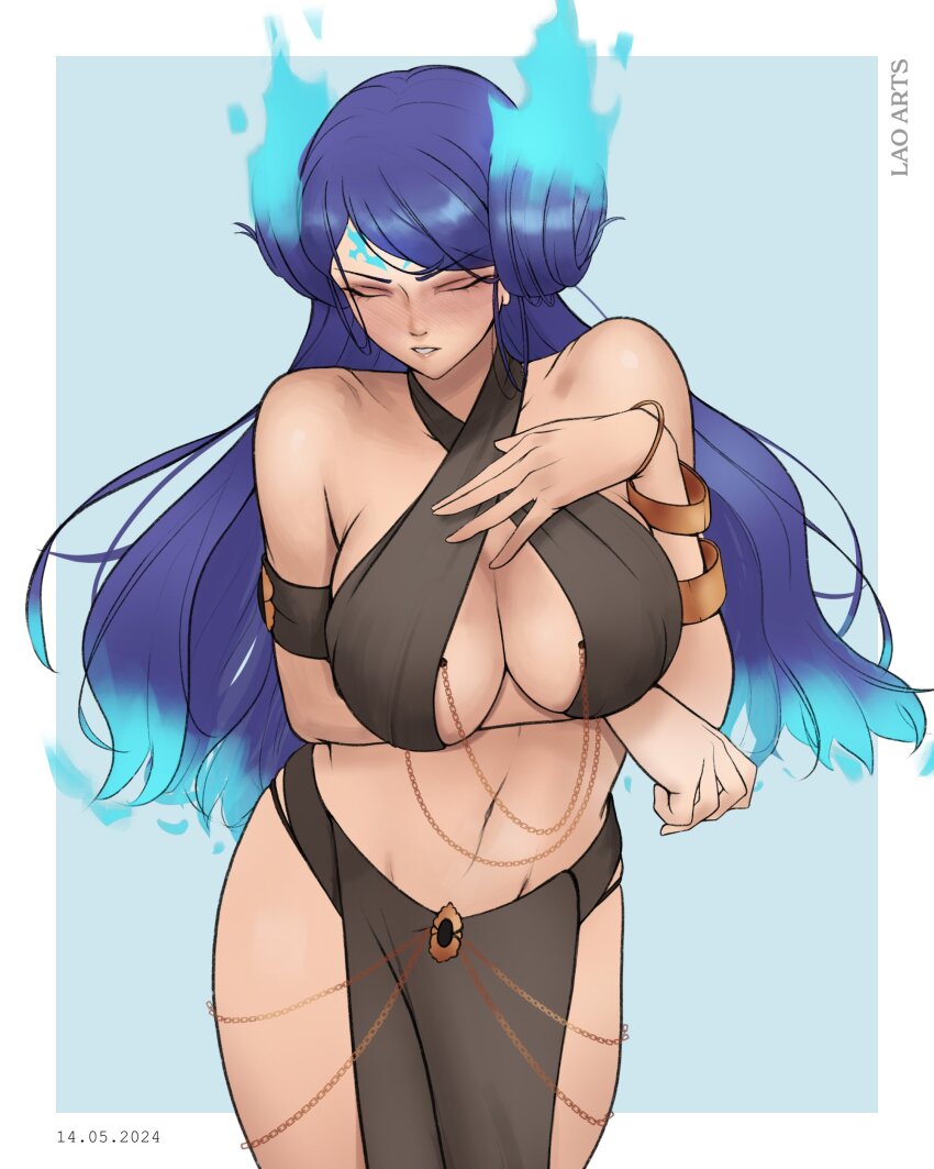 1girl absurd_res verführerisch big_breasts blue_fire blush brighid_(xenoblade) geschlossene_augen kurvig feuriges_haar feuer high_res lao_arts long_hair looking_at_viewer meme meme_attire navel nintendo offenbarende_kleidung xenoblade_(serie) xenoblade_chronicles_2