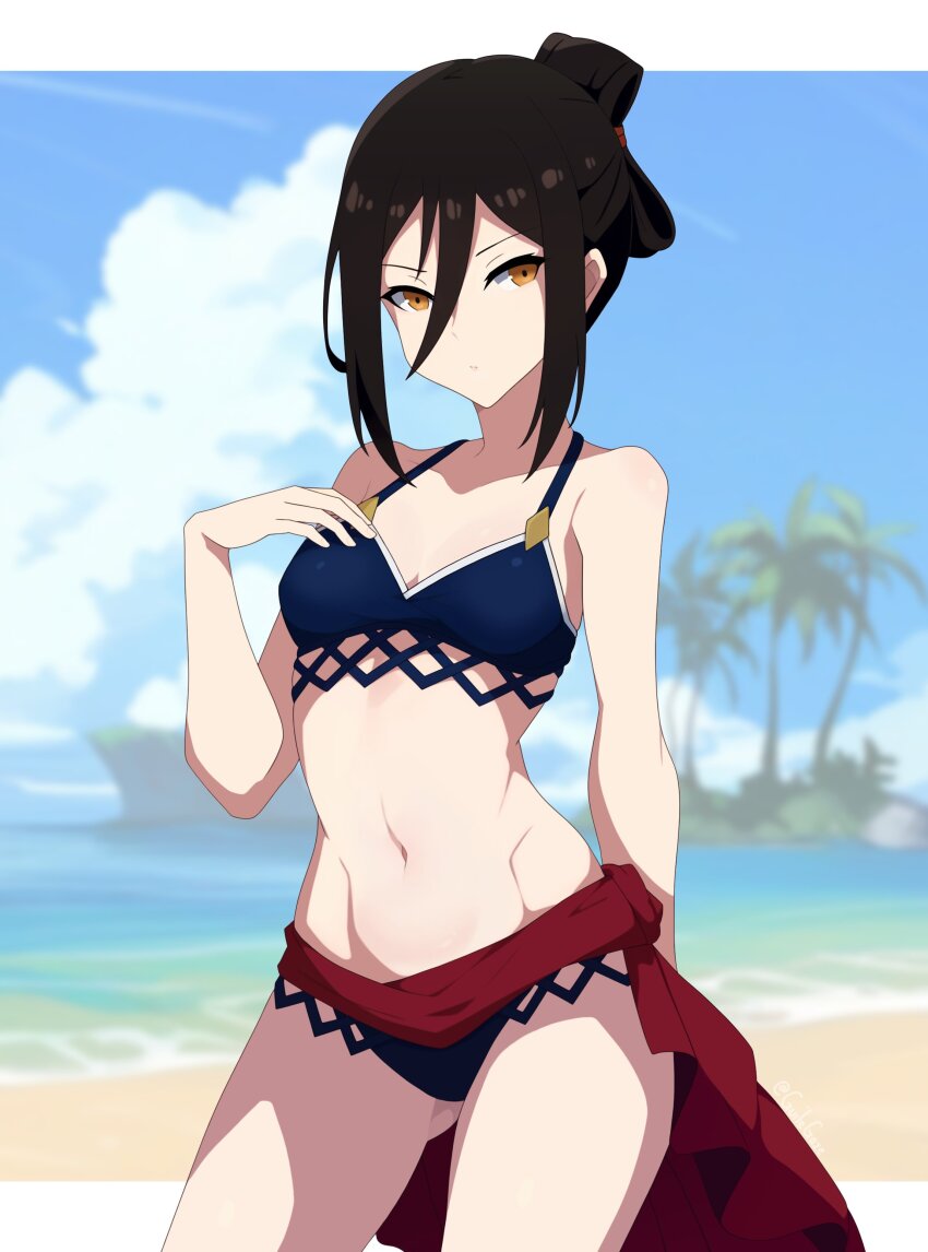 1girl absurd_res verführerischer Strandbikini black_hair blue_bikini verschwommener verschwommener_Hintergrund Brüste braune_Augen Cowboy_Aufnahme gefalteter_Pferdeschwanz Guilegaze Haar_zwischen_Augen Hand_auf_eigener_Brust hohe_Auflösung Blick auf den Betrachter Morag_ladair Morag_ladair_(Xenoblade) Nabel Nintendo rote_Schärpe Schärpe kleine_Brüste Badeanzug Twin_tails Xenoblade_(Serie) Xeno blade_chronicles_2