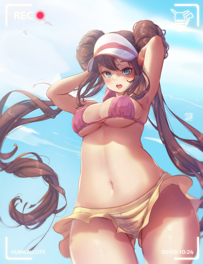 1girl big_breasts blue_eyes bra brown_hair camera_pov camera_view hair_bun human long_hair looking_at_viewer mitsu_(mitsu_art) nintendo pokemon pokemon_bw2 rosa_(pokemon) twin_tails