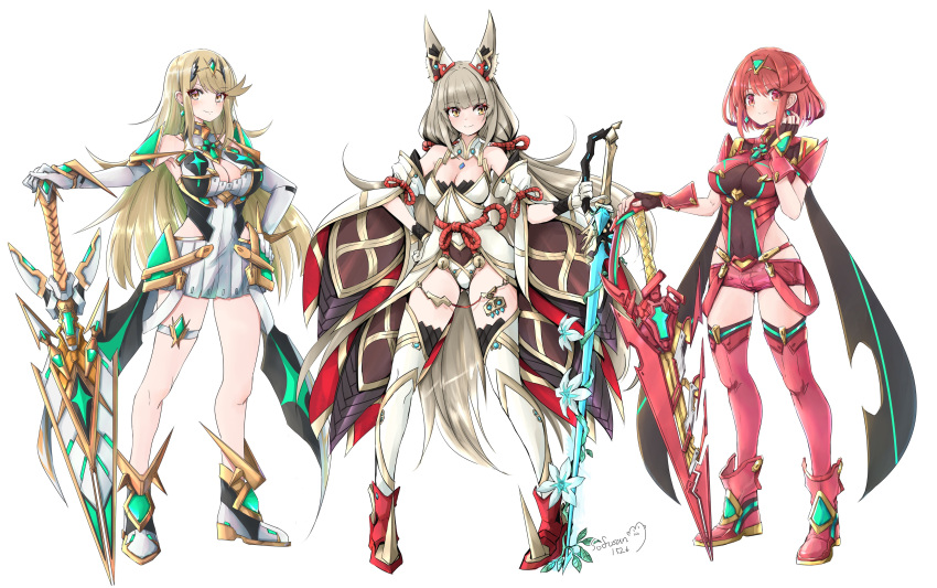 3_Mädchen verführerisch große_Brüste blonde_Haare Dekolleté mehrere_Mädchen Mythra Nia Nia_(Blade)_(Xenoblade) Nia_(Xenoblade) Nintendo Pyra rote_Haare silberne_Haare einfacher_Hintergrund kleine_Brüste sofusan1526 Waffe Xenoblade_(Serie) Xenoblade_Chronicles_2