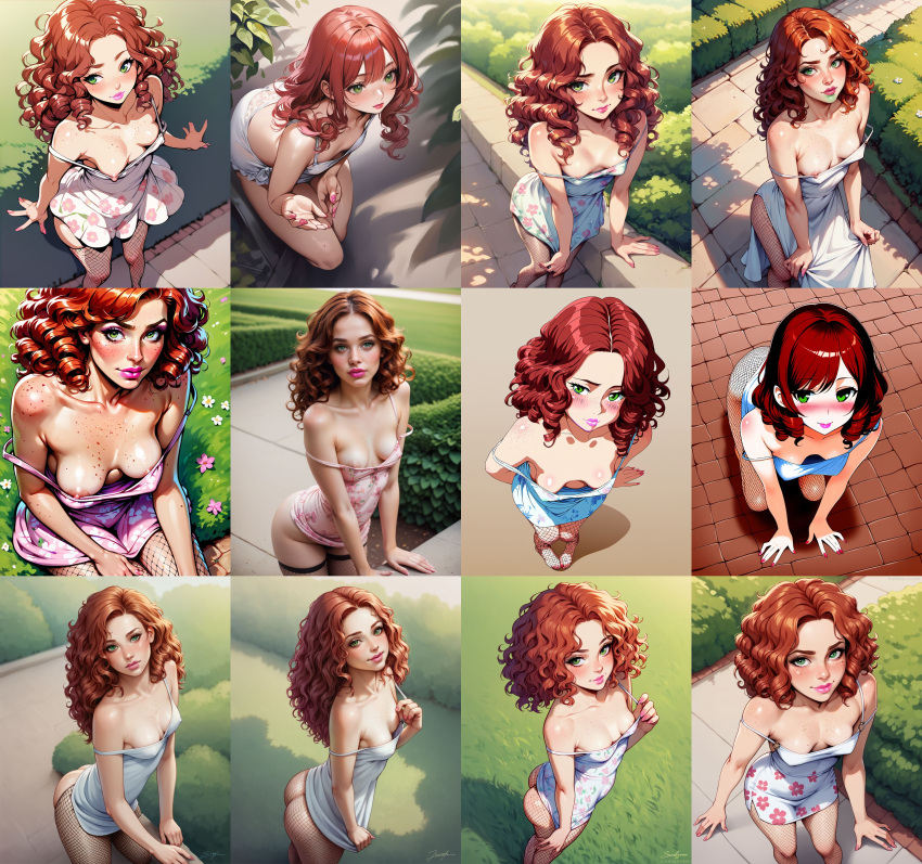 ai_generated blush blush breasts_out_of_clothes breasts_outside garden long_hair looking_at_viewer medium_hair miniskirt nippel_slip nippel pink_nippel red_hair Rotschopf oben ohne