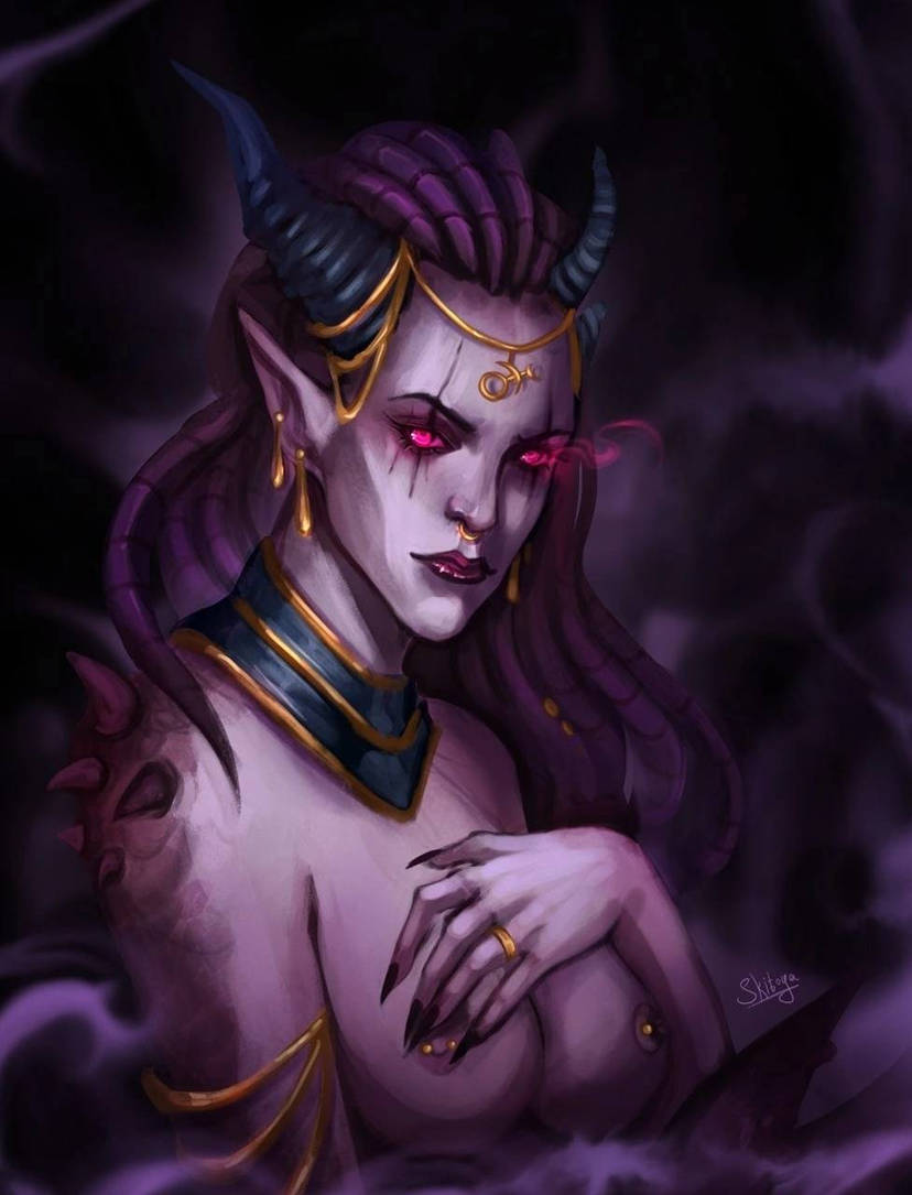 artist_request Halsband Daemonette Dämon Demon_Girl Deviantart Glowing_eyes Hörner Schmuck Nippel_Piercing Nippel_Piercing Brustwarzen pink_eyes Ring Skitoya Spikes_(Anatomie) Tentakel_Haar Warhammer_40k