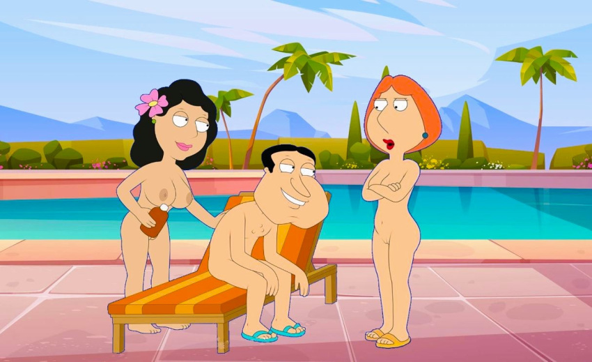 1 Junge 2 Mädchen große_Brüste bonnie_swanson erigierte_Nippel Familienmensch glenn_quagmire lois_griffin nackter Pool rasierte_Muschi Oberschenkel