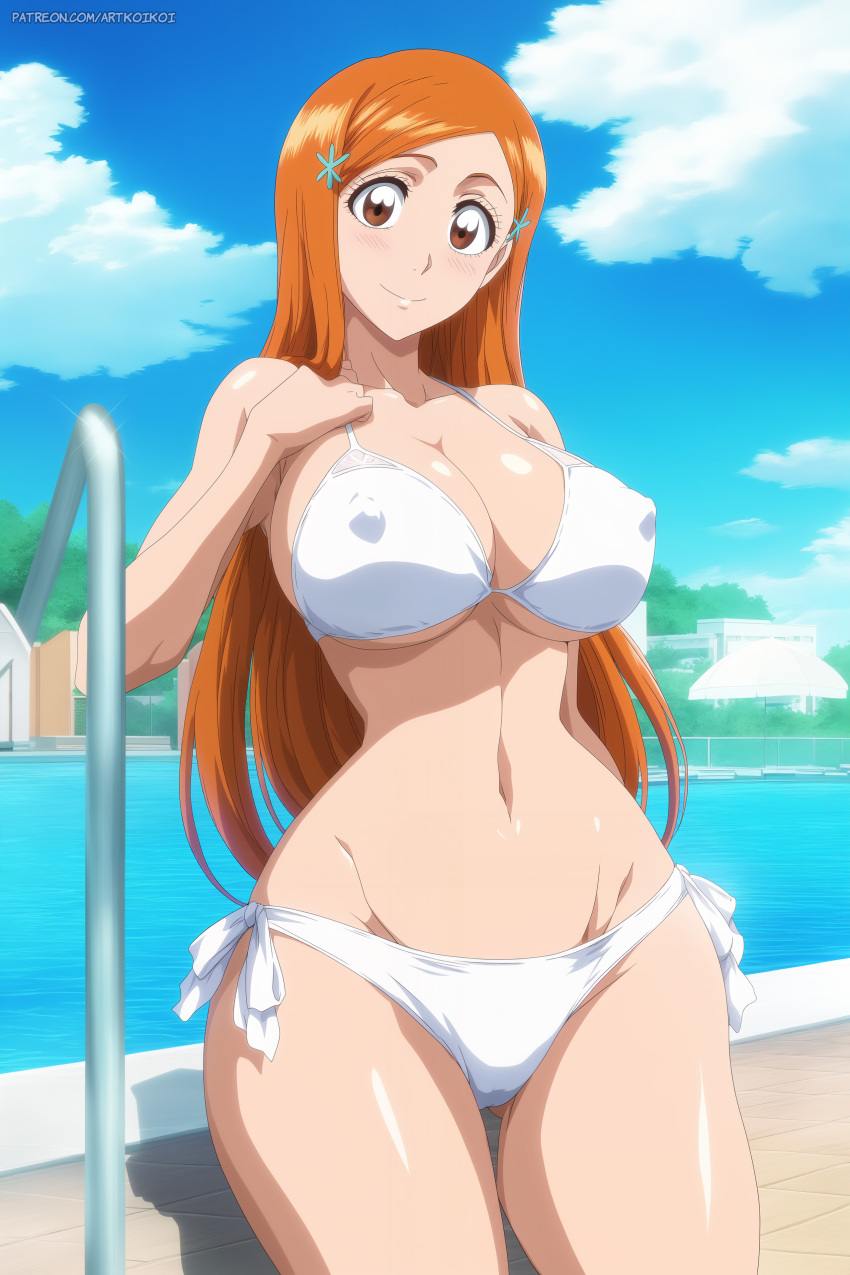 1 Mädchen, verführerisch, große Brüste, Bikini, gebleicht, braune Haare, Dekolleté, Inoue_Orihime, Koikoi_(Künstlerin), MILF, orangefarbene Haare, Pin-up, Swimmingpool, weißer_Bikini