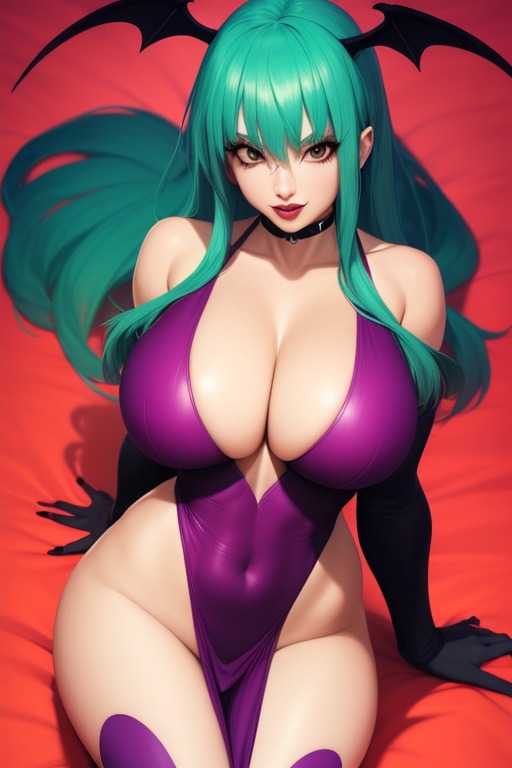 1 Mädchen, KI-generiert, große Brüste, Darkstalkers, nur Frauen, Frosting.AI, grünes Haar, Kopfflügel, Kopfflügel, riesige Brüste, Betrachter ansehen, Morrigan Aensland, Vampirretter