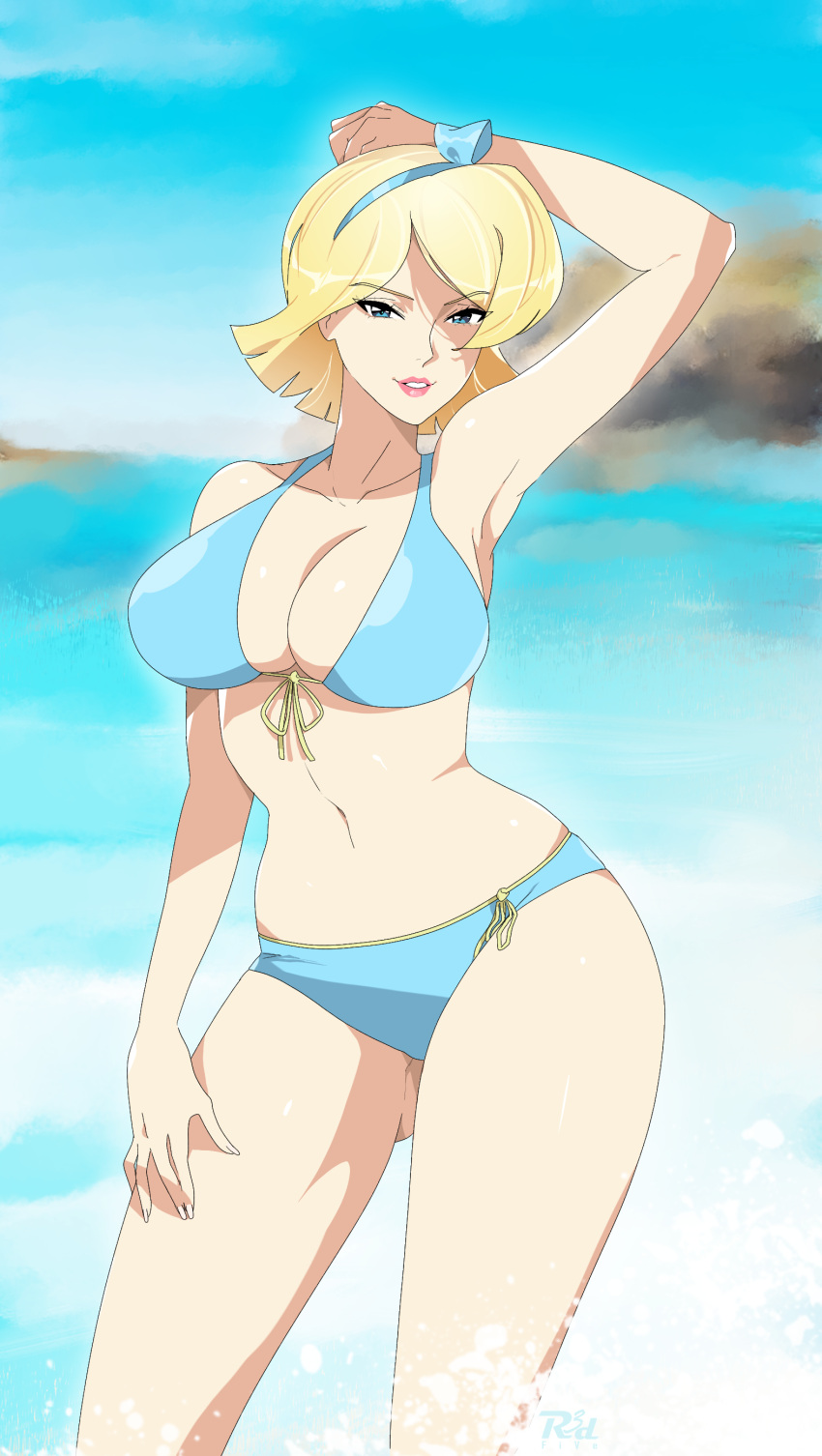 1 Mädchen, verführerisch, Strand, große Brüste, Bikini, blonde Haare, blaue Augen, blauer Himmel, Kleeblatt (Totally_Spies), Ozean, älter, ältere_Frau, Pin-up, png, r3dfive, Totally_Spies, junger_Erwachsener, junge_erwachsene_Frau, junge_erwachsene_Frau