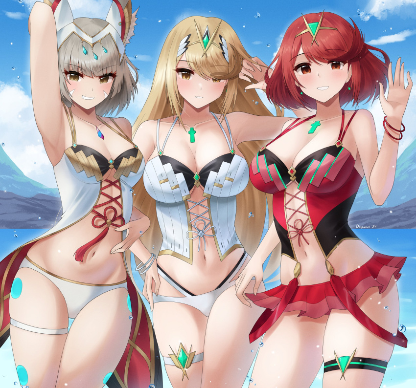 3_Mädchen verführerisch große_Brüste Bikiniunterteil Armband Armbänder Katzenohren Katzenmädchen Kernkristall Doiparuni Grinsen grinsend Beinriemen Bauch Mythra Mythra_(Xenoblade) Nia Nia_(Xenoblade) Nintendo Pyra Pyra_(Xenoblade) kleine_Brüste Badeanzug Oberschenkelriemen winken winkt_dem_Betrachter zu Xenoblade_(Serie) Xenoblade_Chronicles_2