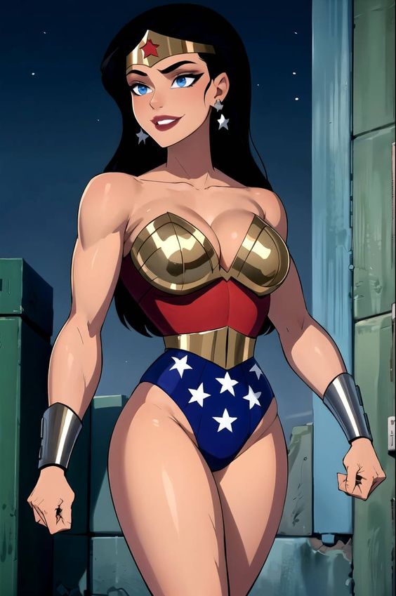 KI-generierte Rüstung große Brüste schwarze Haare blaue Augen Body Armband DC Comics DCAU Ohrringe lange Haare Muskeln schmale Taille Tiara Wonderwoman